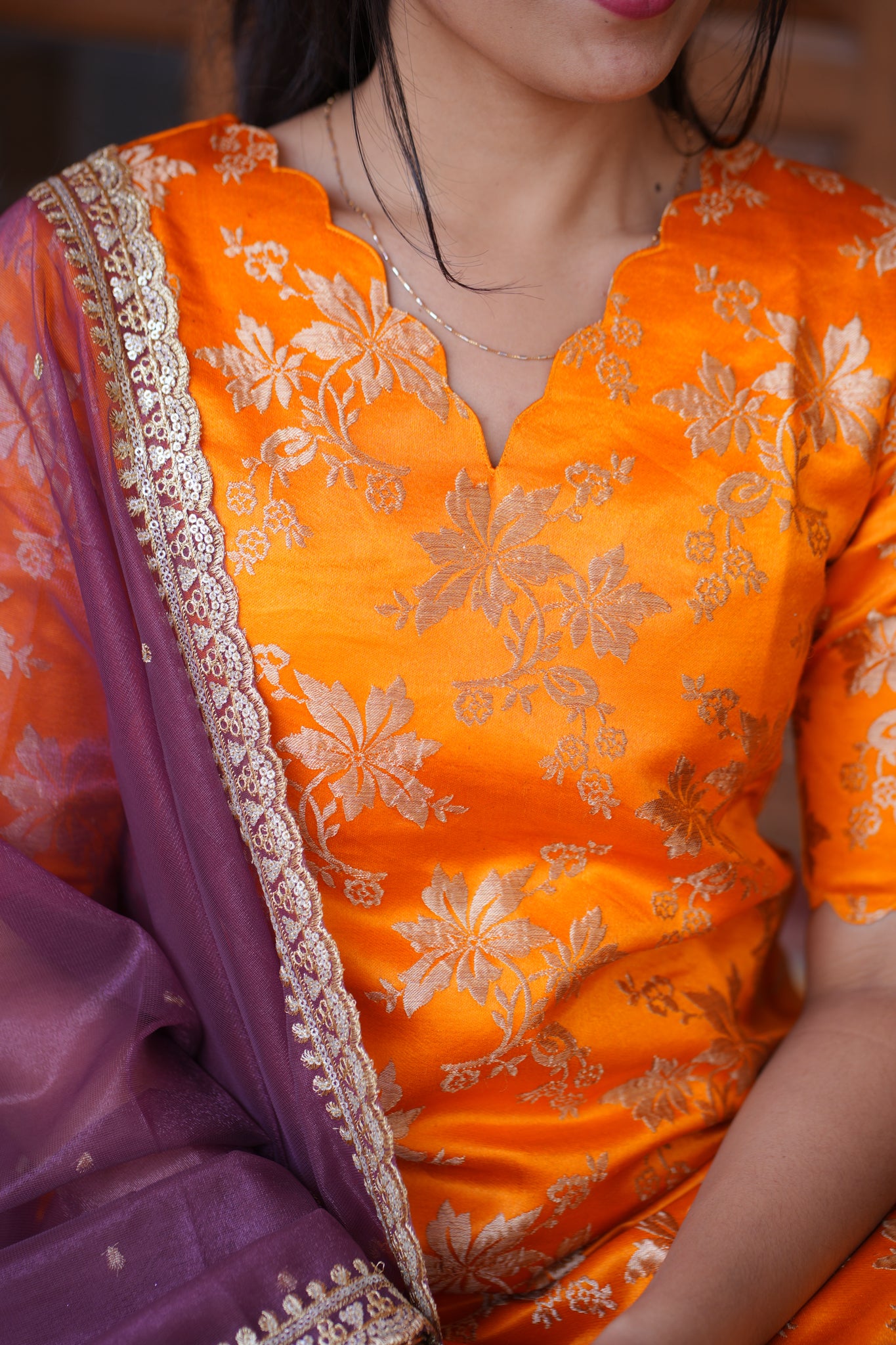 AA152 Dark Orange Brocade Silk Kurti with Wine Organza Sequence Dupatta