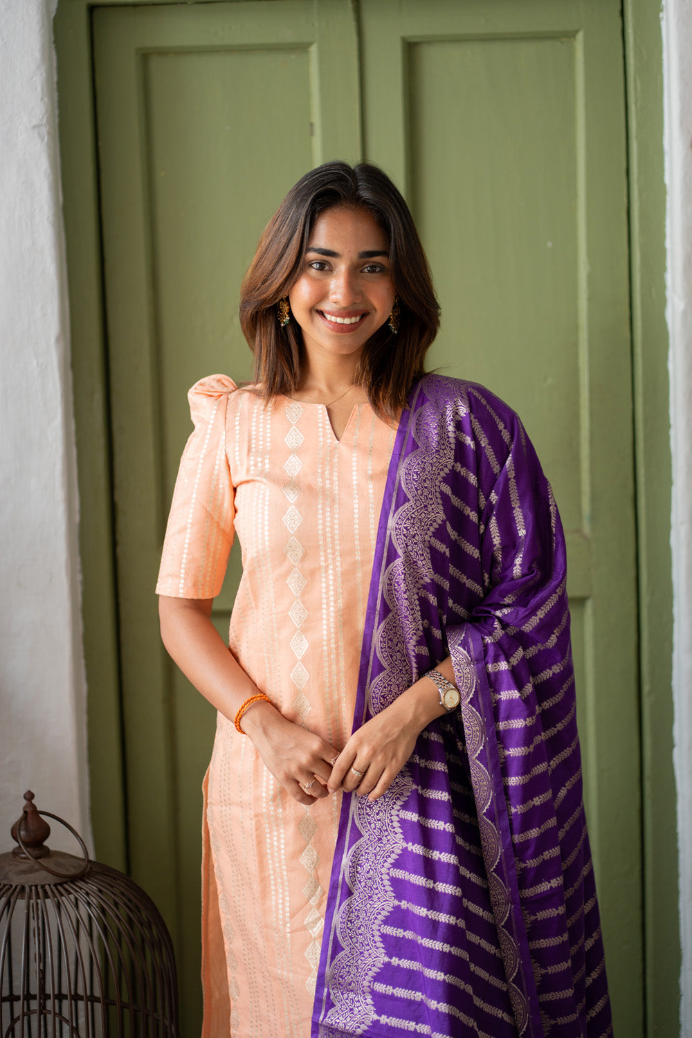 Peach Chanderi Diamond Stripes & Butta Kurti with Violet Banarasi Jacquard Dupatta