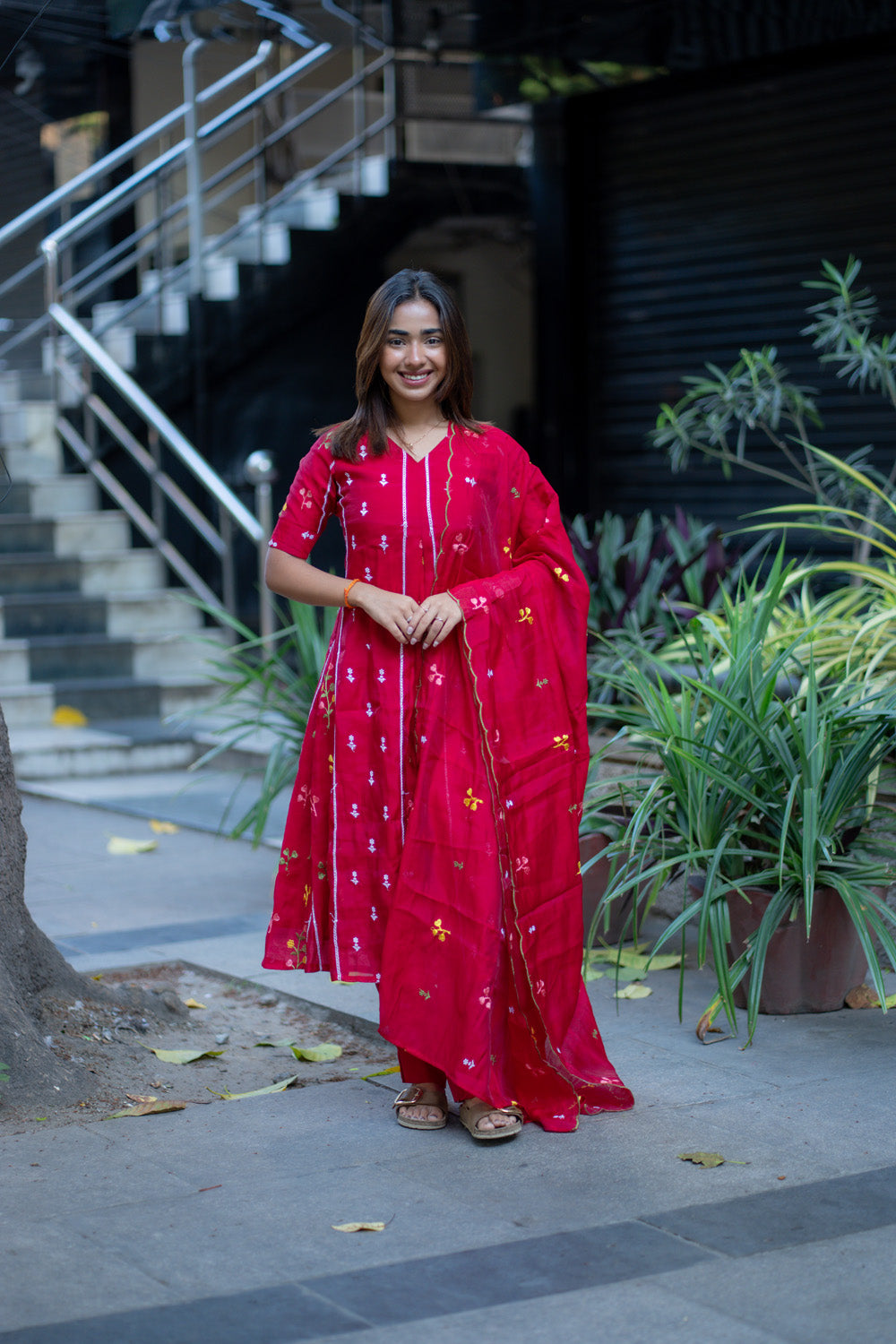 AA267 Dark Red Mul Chanderi Floral Salwar Set