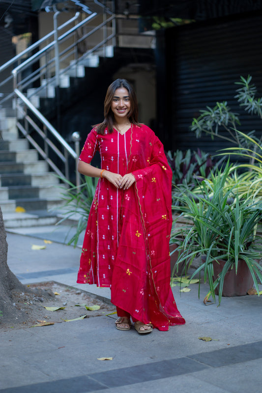 AA267 Dark Red Mul Chanderi Floral Salwar Set