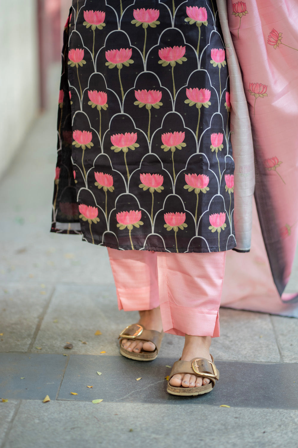 AA275 Black With Pink Lotus Kollam Silk Salwar set