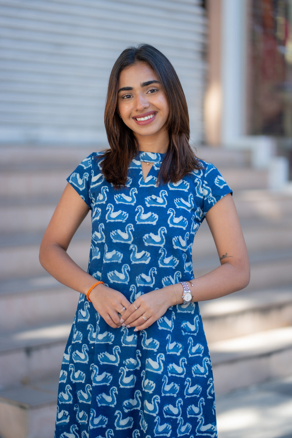 AA265 Indigo Blue Swan Print Cotton Aline Dress