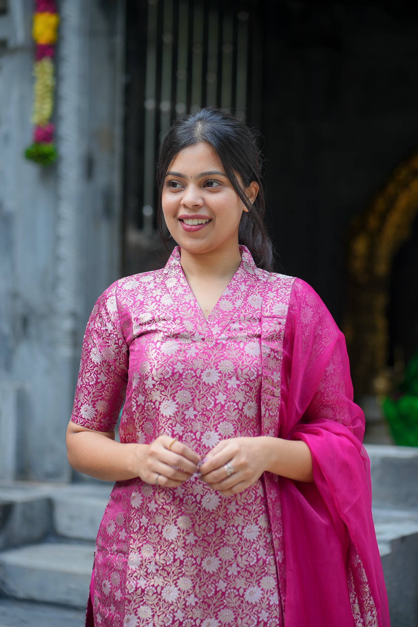 AA125 Rani Pink Brocade Silk(3 PC set )with Organza Dupatta