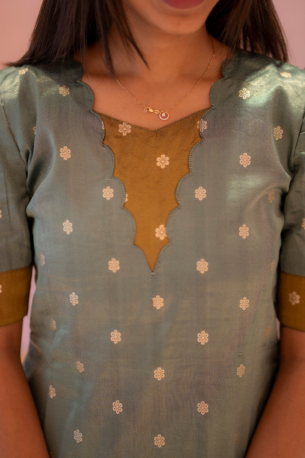 AA180A Teal Blue With Mustard Combo Shimmer Silk Kurti (warning :Don’t Iron Directly)