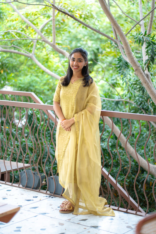 AA141 Pastel Green Floral Brocade Kurti with Oranza Dupatta