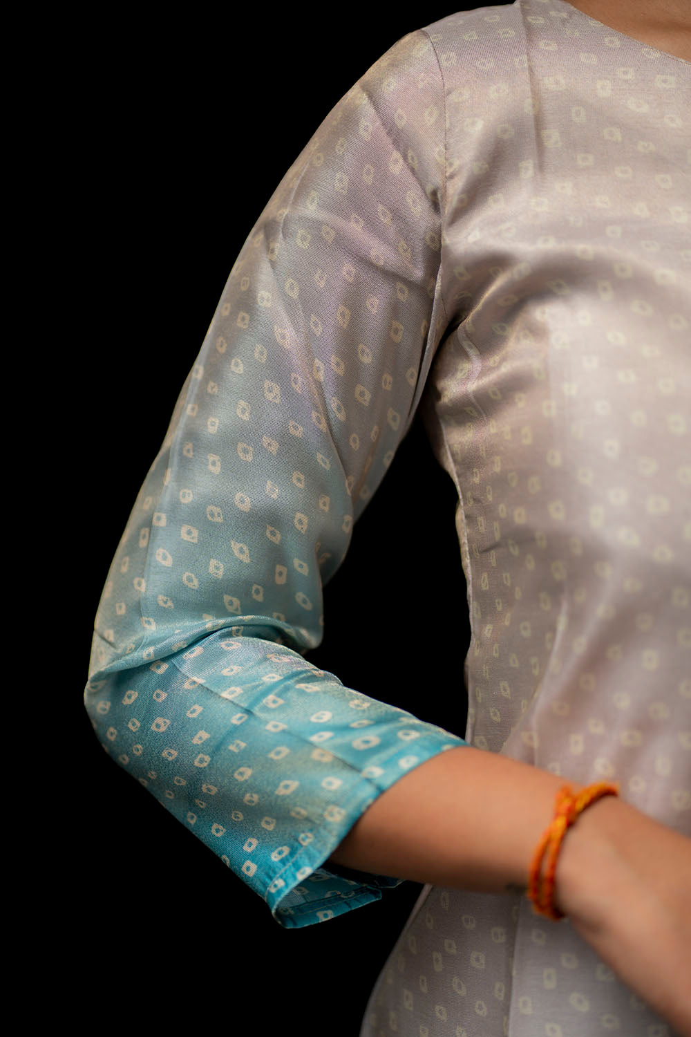 AA206 Beige with Blue Combo Bandhani Silk Kurti