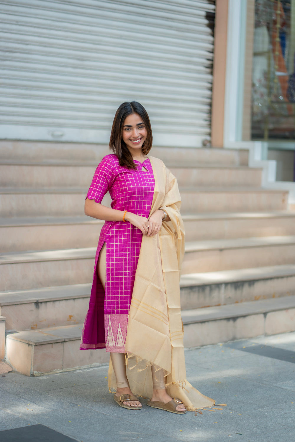 AA278 Magenta Pink Checks with Temple Border Dolla Silk Kurti with Golden Tissue Silk Dupatta