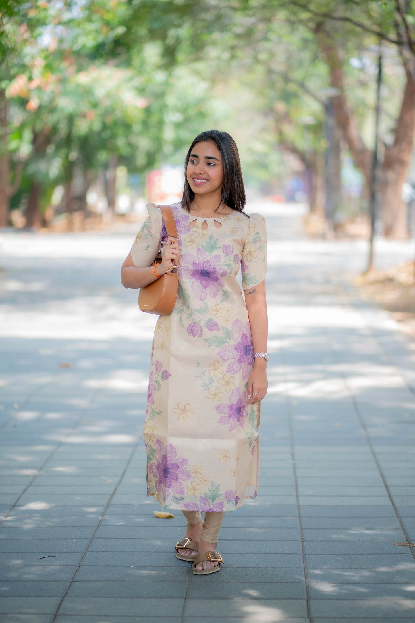 AA188 Cream with Lavender Floral Silk Kurti
