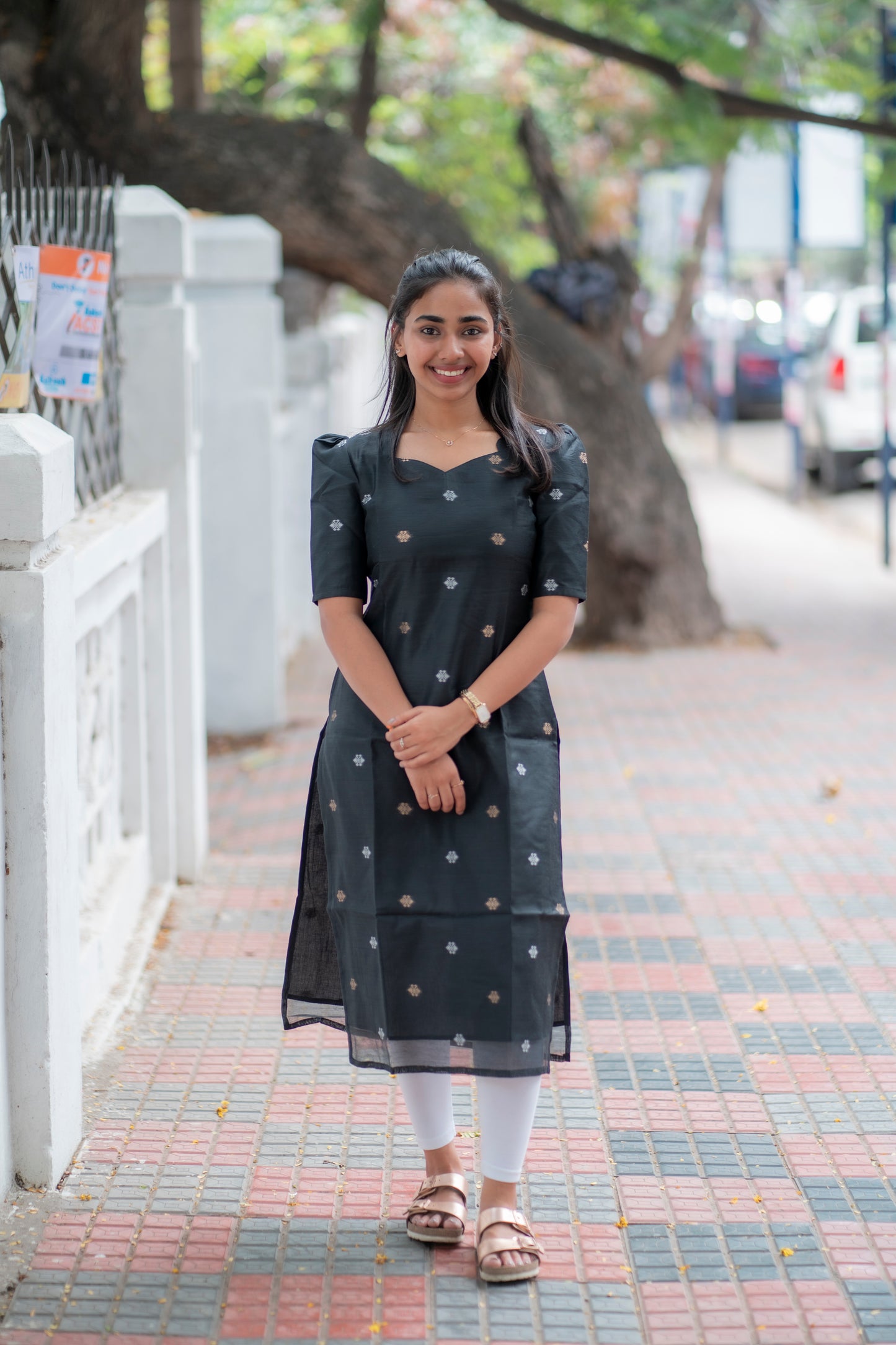 AA094 Black Chanderi jacquard kurti with Gold & Silver Motifs & Dupatta