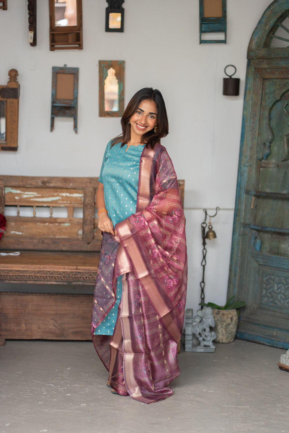 Blue Raw Silk Kurti with Beautiful Motifs paired with Organza Dupatta