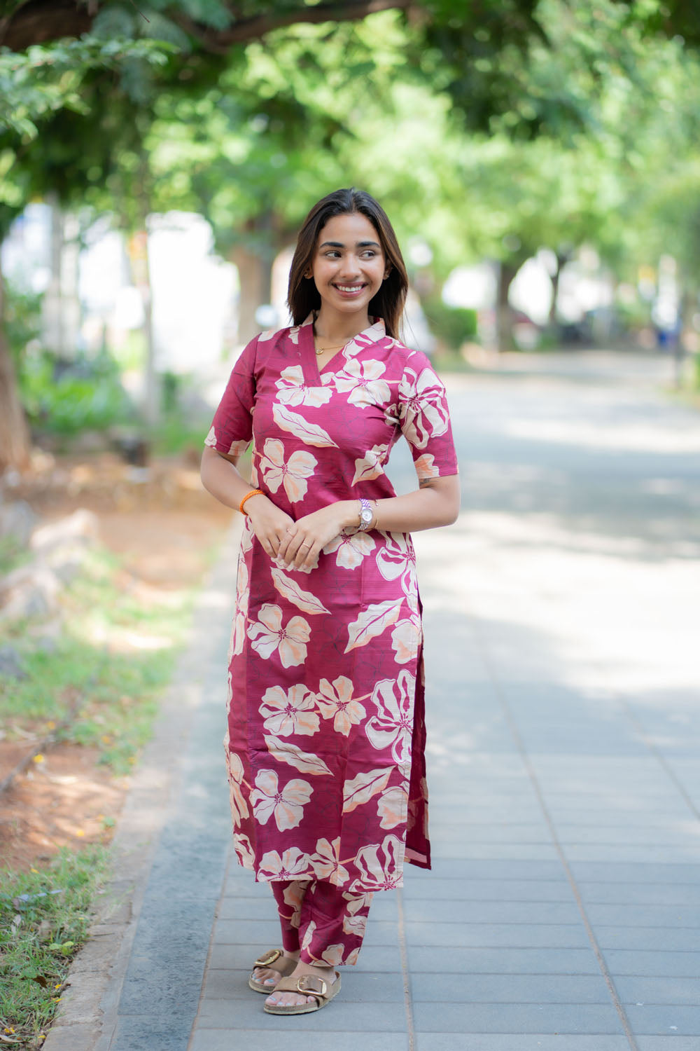 AA243 Grape Wine Colour Ginger Silk Floral Co Ord set