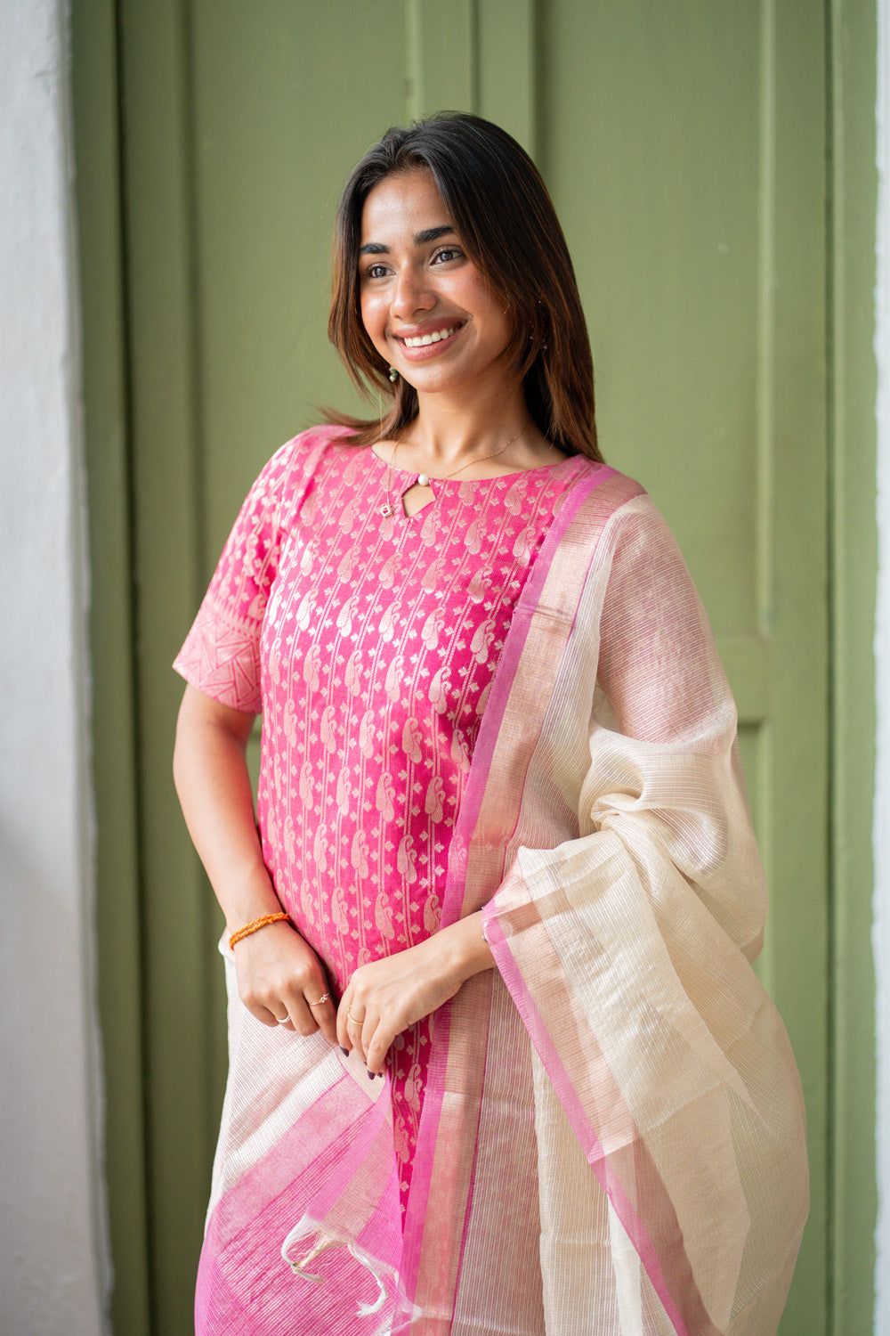 AA306 Pink Banarasi Silk Salwar Set With Beautiful Border & White Kota Dupatta with Pink Border