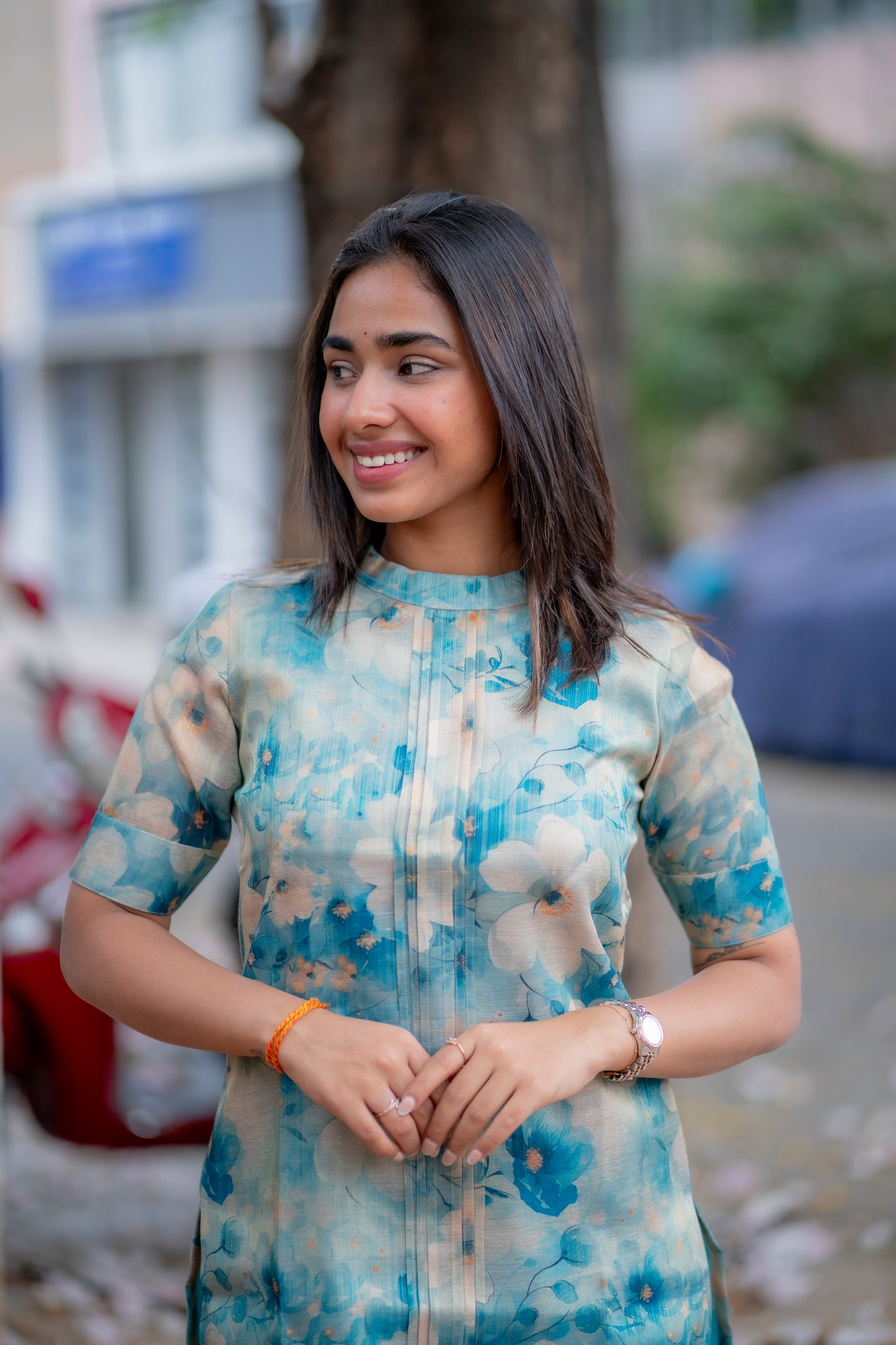 AA184 Blue Digital Print Floral Silk Kurti