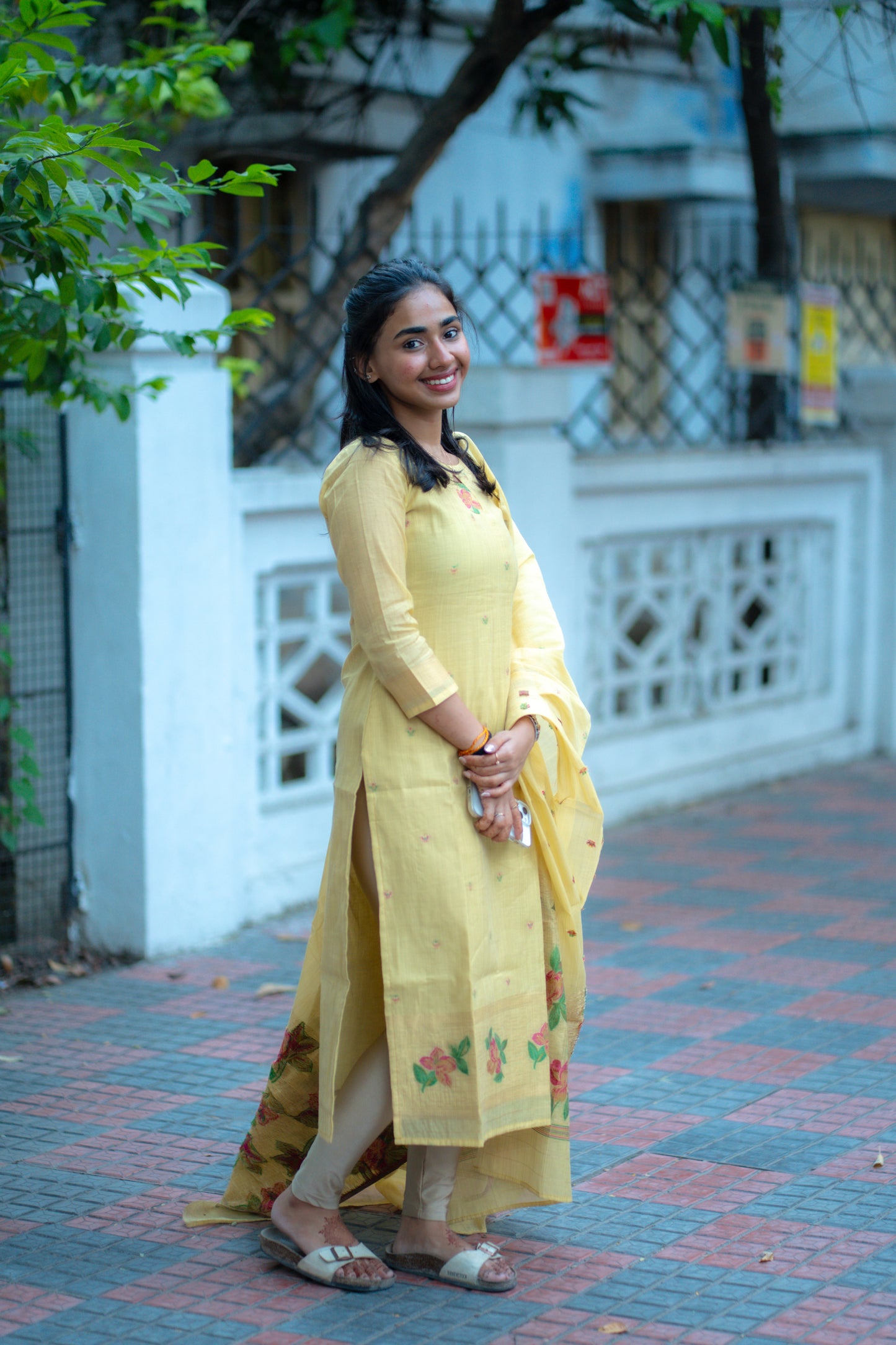AA133 Yellow Floral Jamdani Silk Kurti with Dupatta