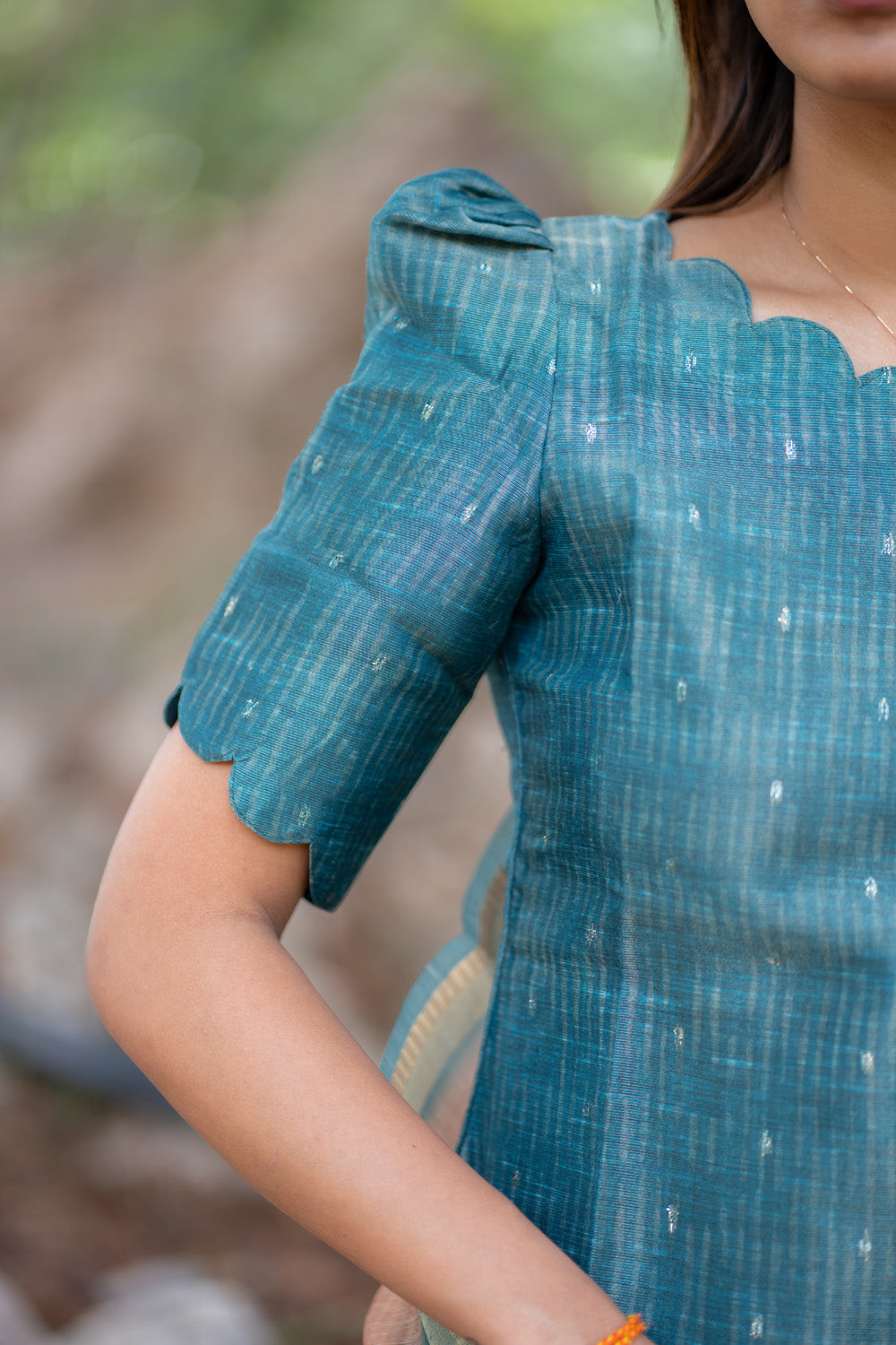 AA297 Teal Blue Chanderi Tissue Silk With Stripes & Golden Motifs Kurti with Dupatta