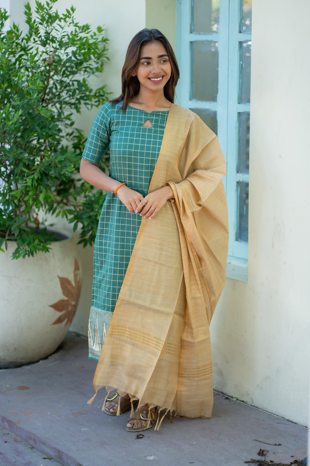 AA266 Bottle Green Checks with Temple Border Dolla Silk Kurti with Golden Tissue Silk Dupatta