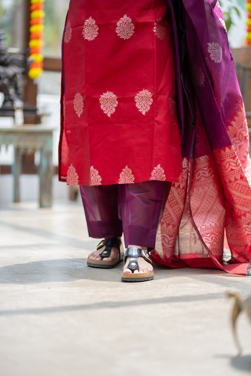 AA310 Red with Violet Combo Silk Cotton Salwar Set(with Silver Jari Design)(provided lining for top & pant)
