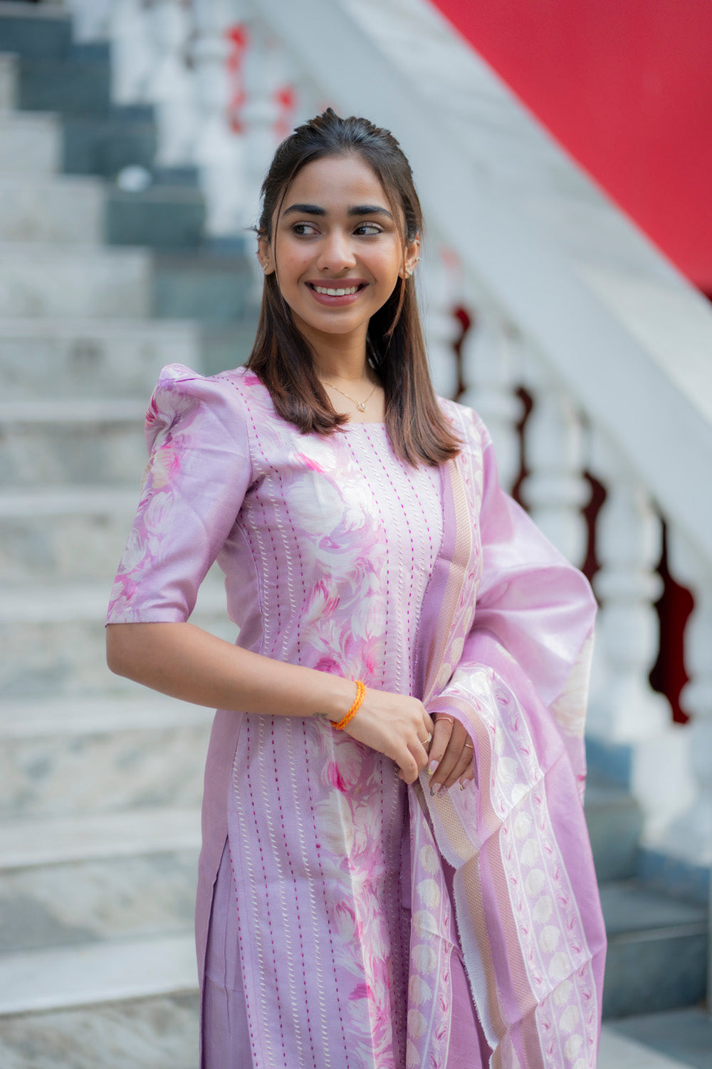 AA235 Lavender Floral Tussar Silk 3 Pc Set