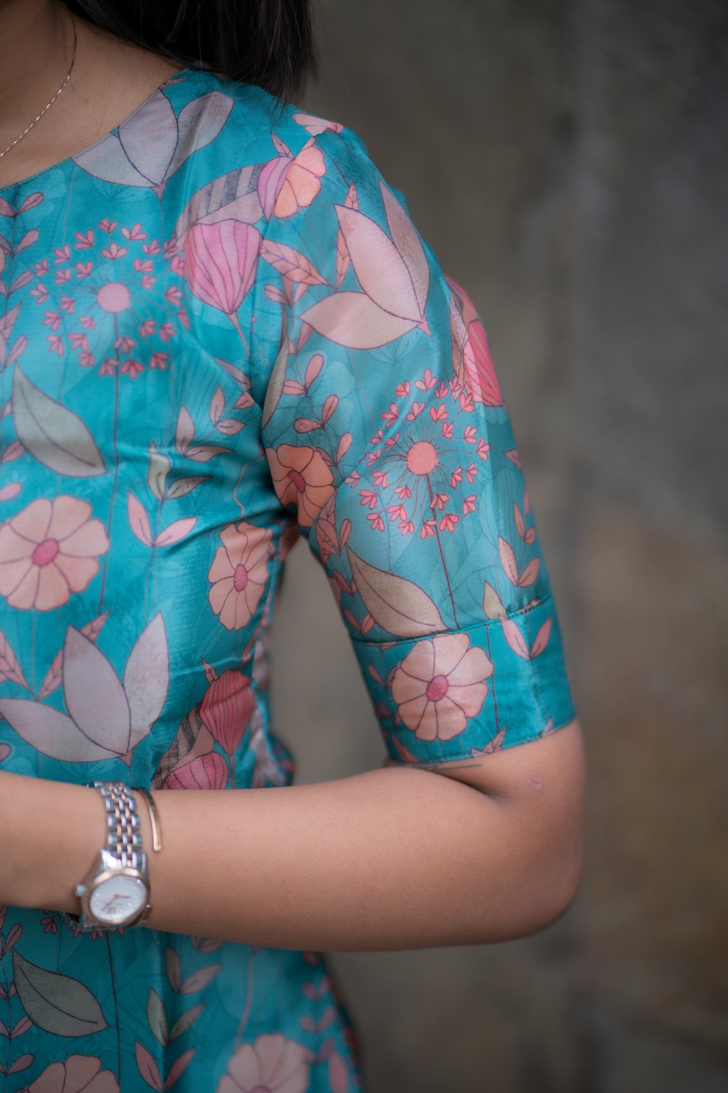 AA171 Teal Blue Glassy Organza Floral Kurti