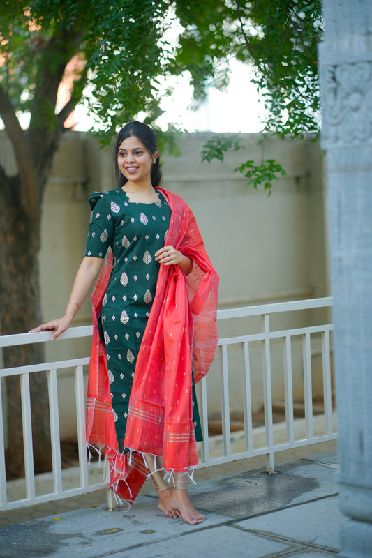 AA110 Bottle green Jacquard Silk Kurti with Red Orange Dupatta