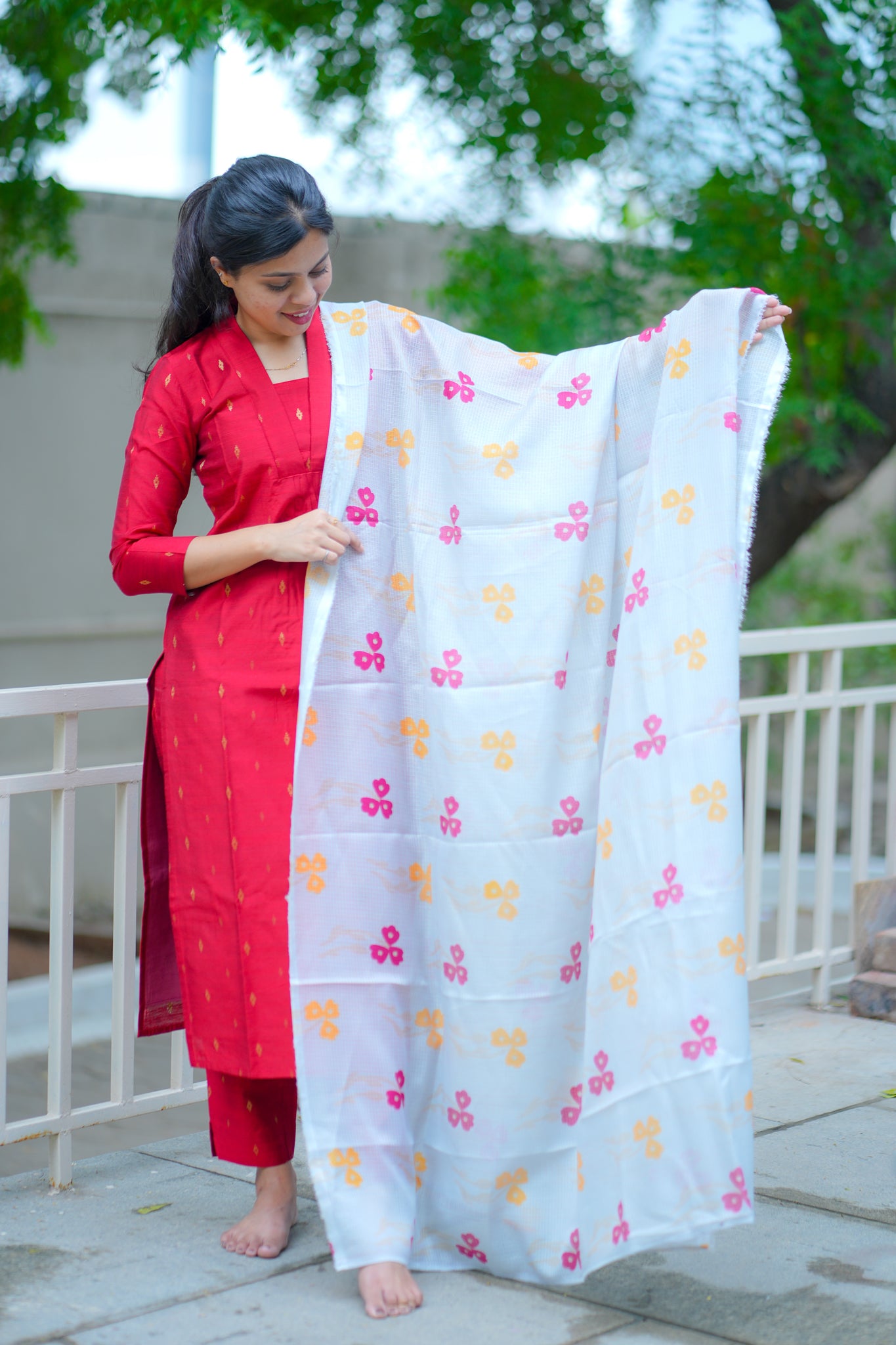 AA120 Cherry Red Raw Silk Kurti & Pant with Kota Dupatta (3 pc Set)