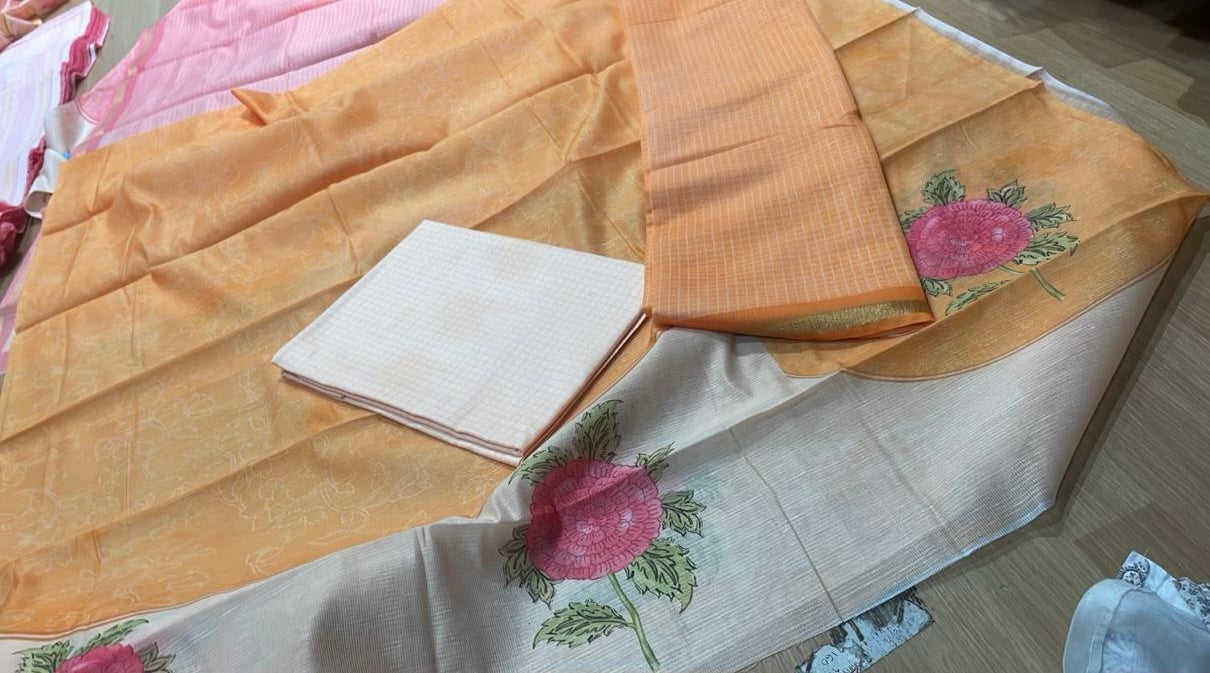 Orange with White combo checks Kota Cotton Salwar Material