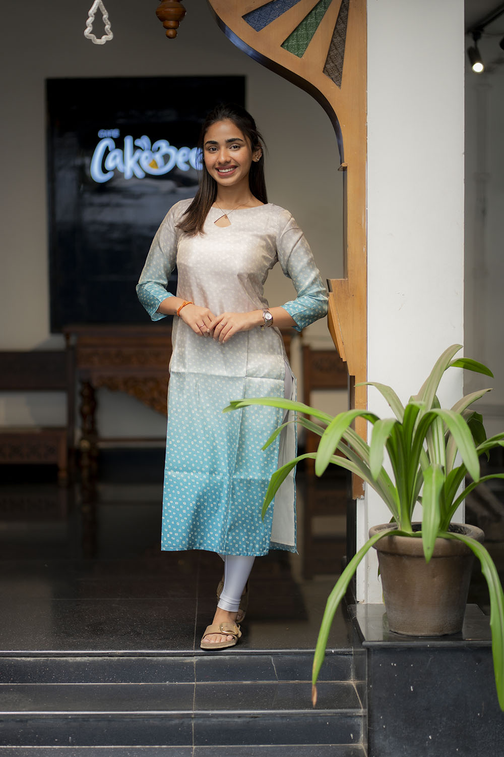 AA206 Beige with Blue Combo Bandhani Silk Kurti