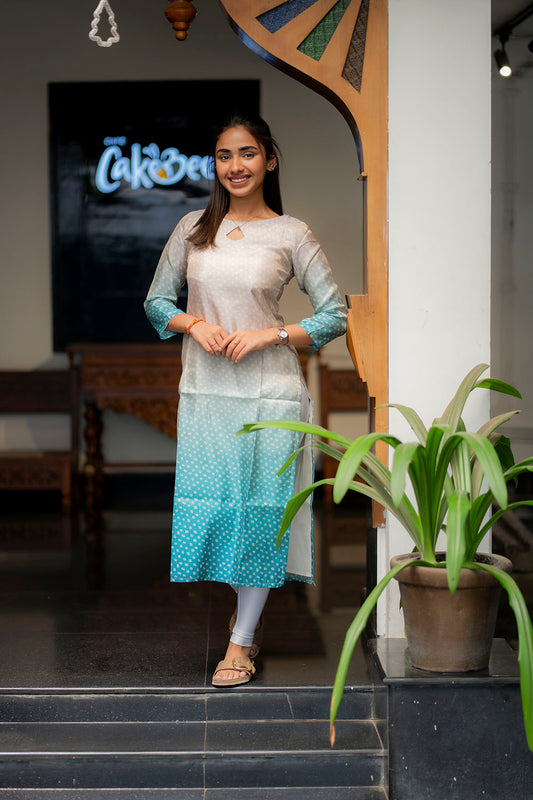 AA206 Beige with Blue Combo Bandhani Silk Kurti