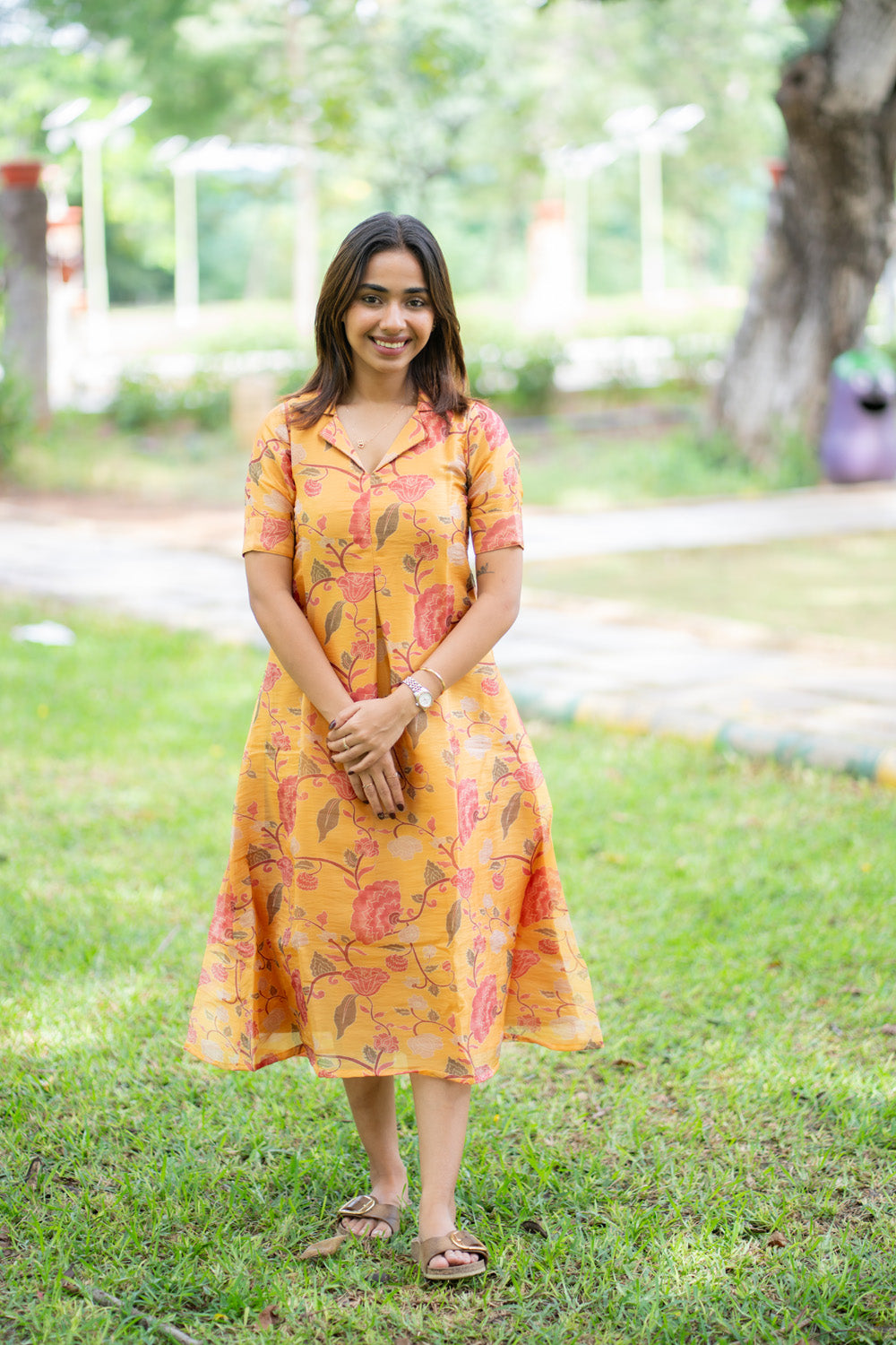 AA290 Marigold Floral Chiniya Silk Aline Dress