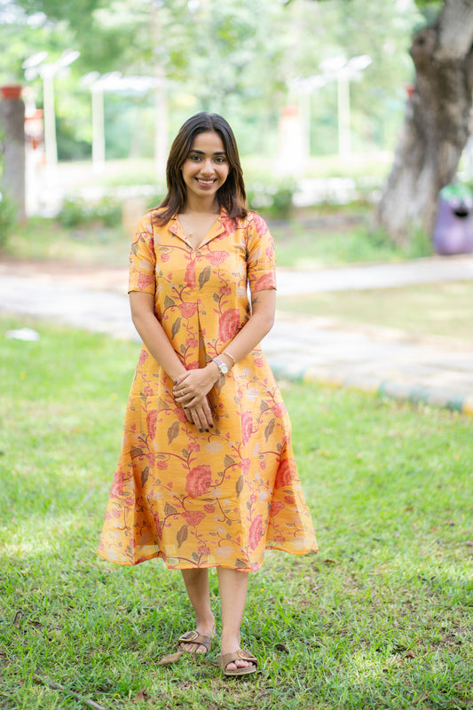 AA290 Marigold Floral Chiniya Silk Aline Dress