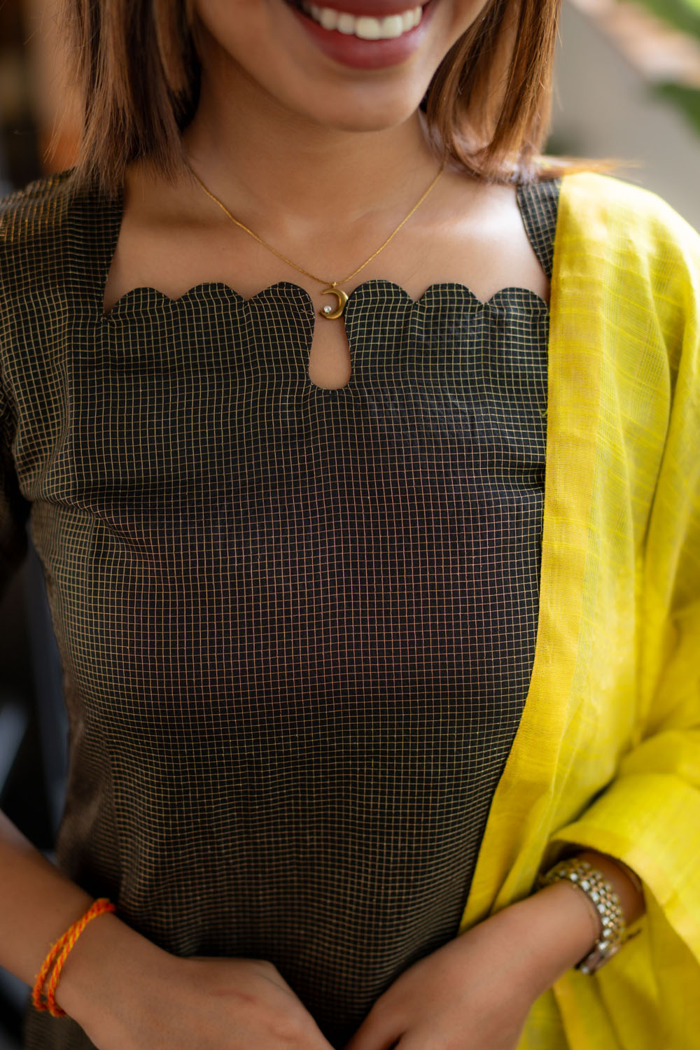 AA248 Black Checks Tissue Silk Kurti with Neon Dupatta