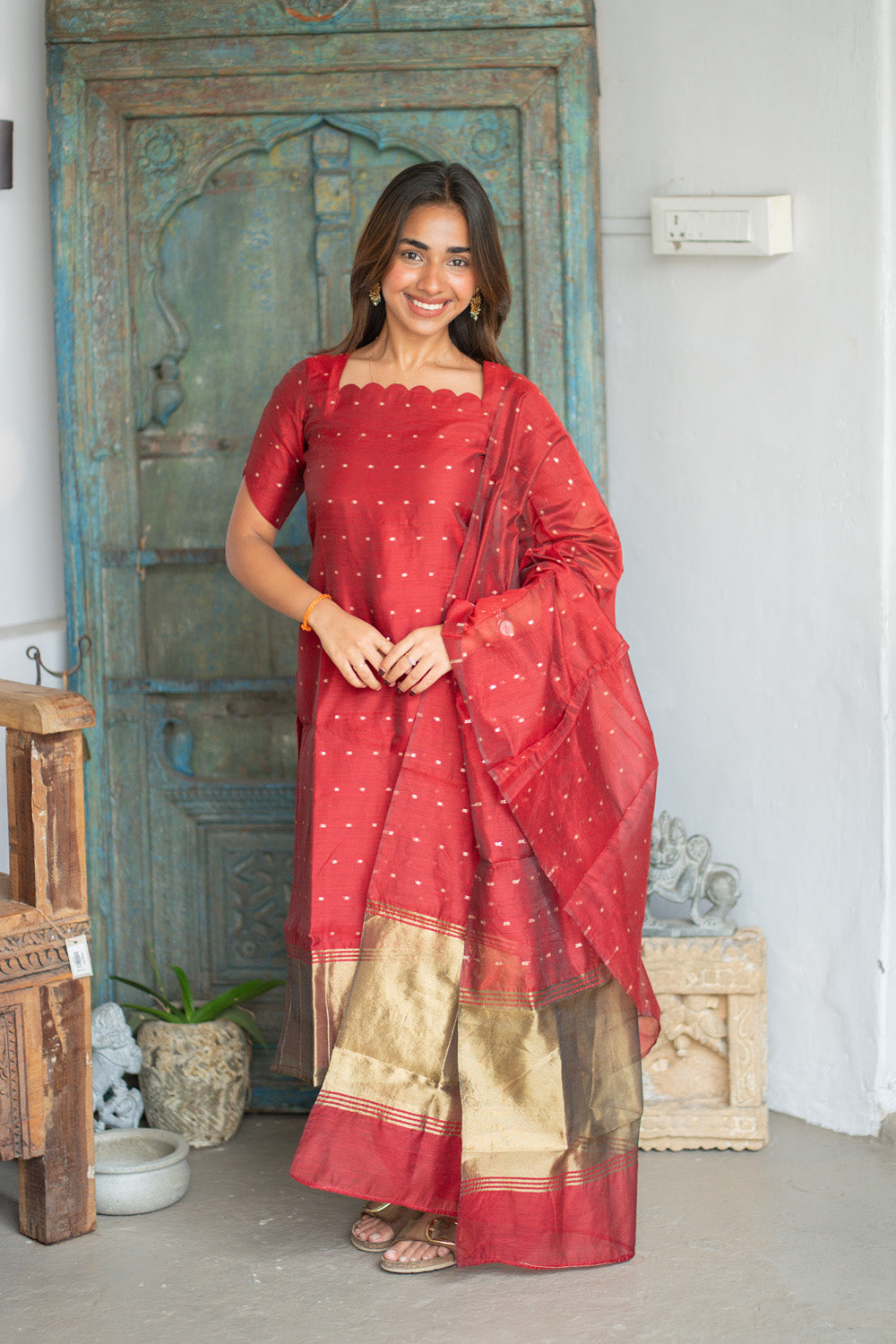 AA304 Plum Red Chanderi Silk Salwar Set with Scallop Neck (Rich & Classy Outfit with Golden Border & Golden Motifs)