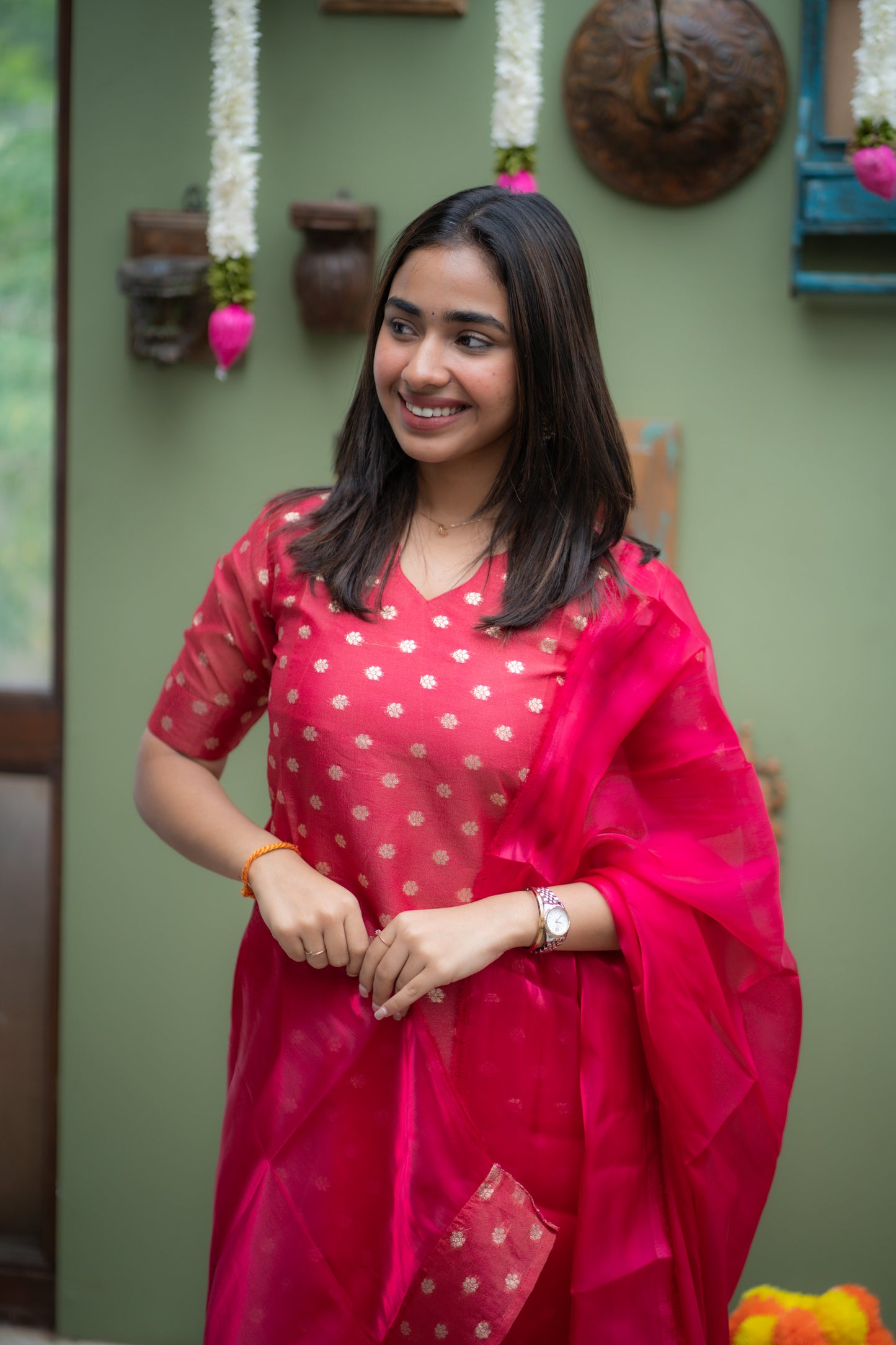AA147 Rani Pink Chanderi Jacquard Silk Kurti With Shimmer Silk Dupatta