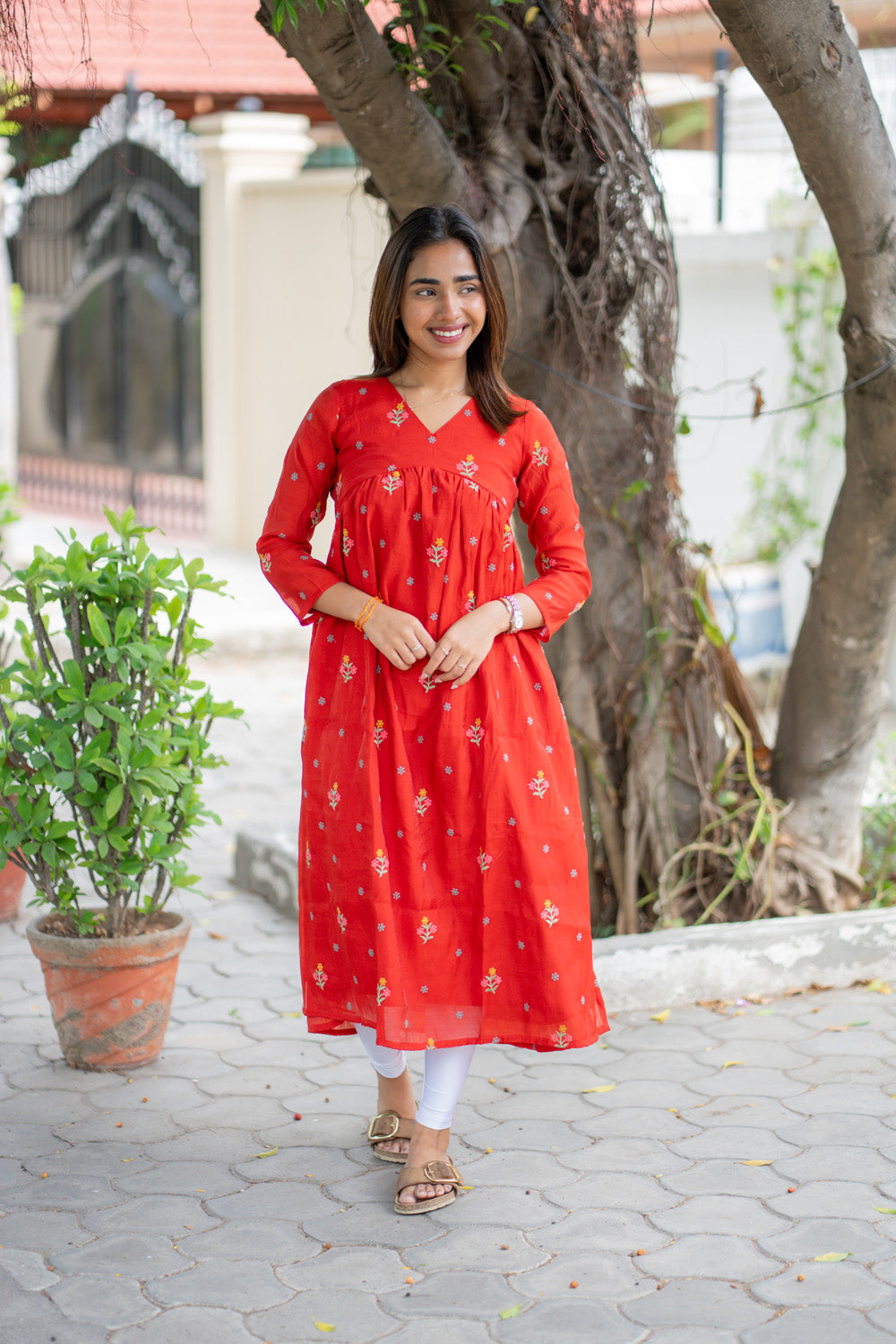 AA260 Rust Orange Mul Chanderi Alia Cut Dress