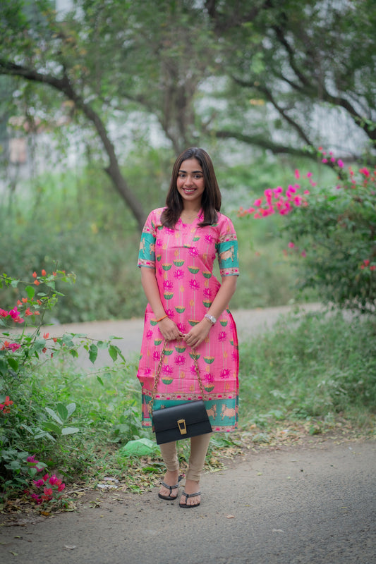 AA149 Pink Pichwai Tussar Silk Kurti