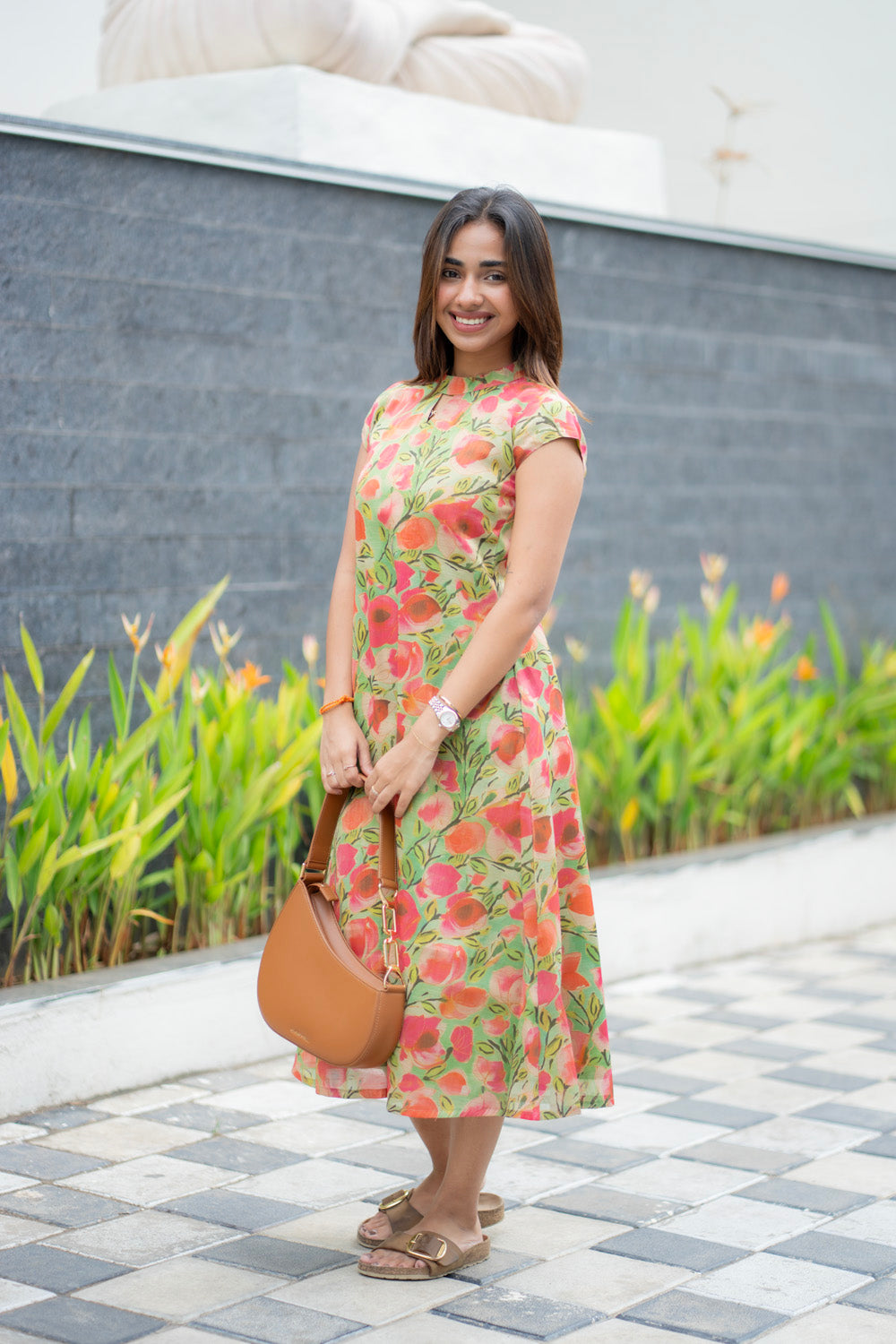 AA283  Green With Pink Floral Shimmer Silk Aline Kurti