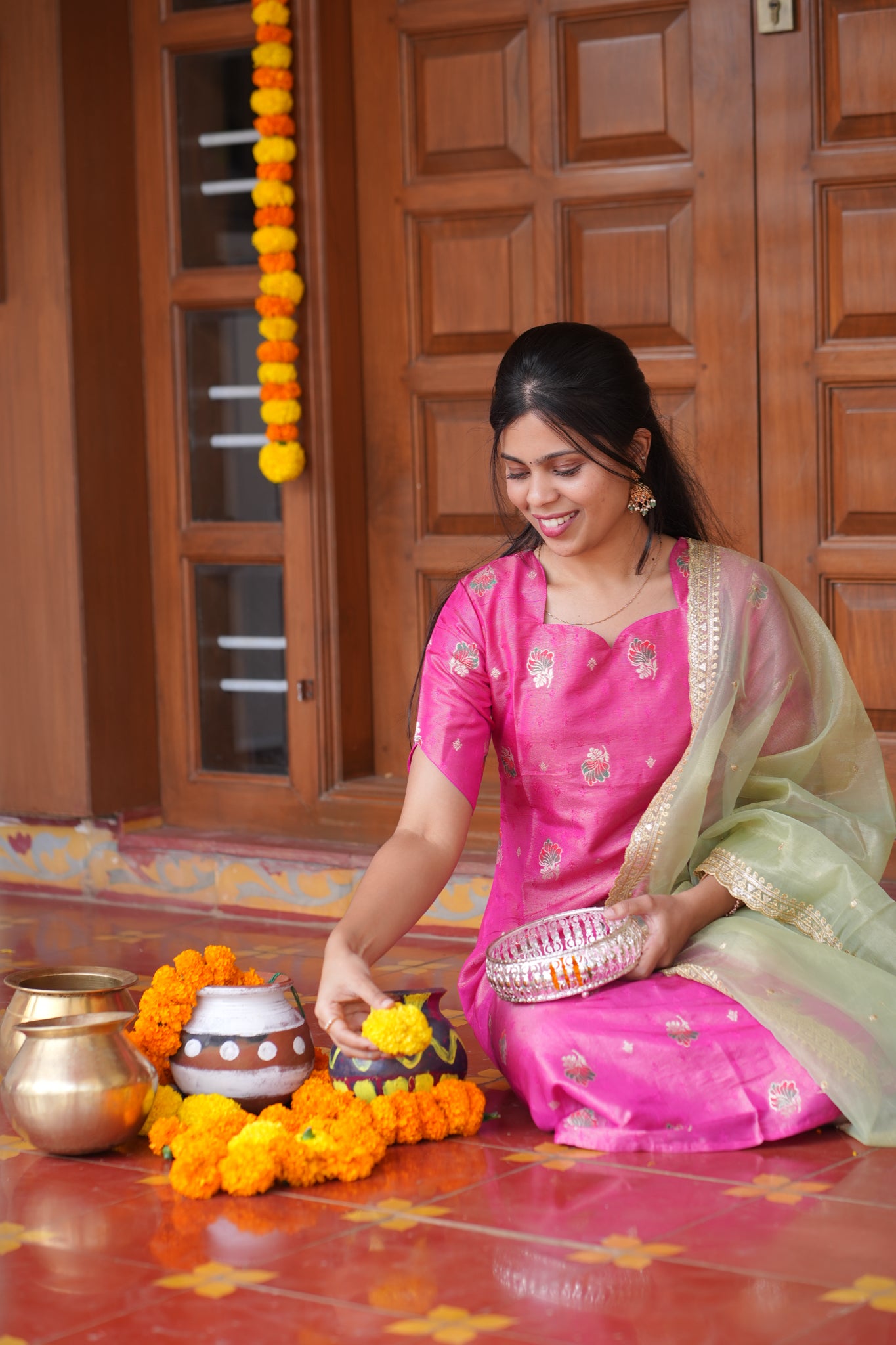 AA163 Pink Shimmer Silk A line Kurti with Pastel Green Organza Dupatta