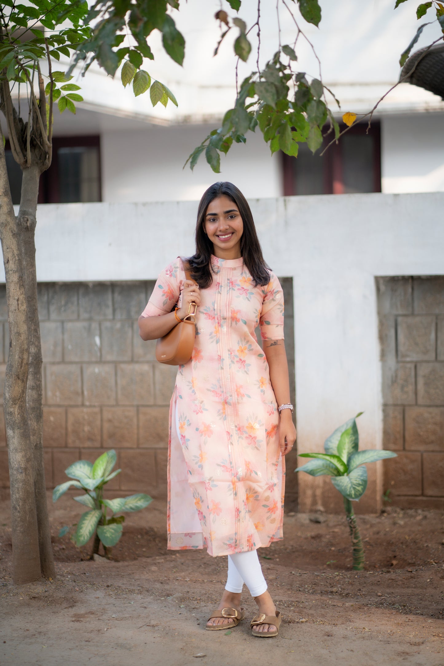 AA170 Peach Floral Kota Silk Kurti
