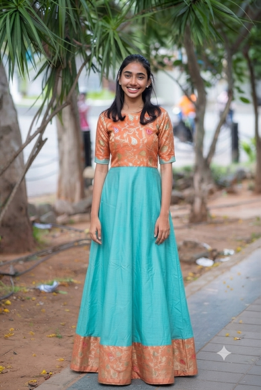 Orange Jacquard Silk with  Blue Silk Cotton Maxi