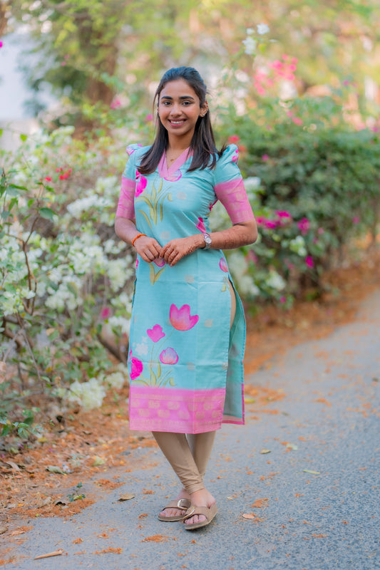 AA196 Blue with Pink Combo  Floral Checks Silk Kurti
