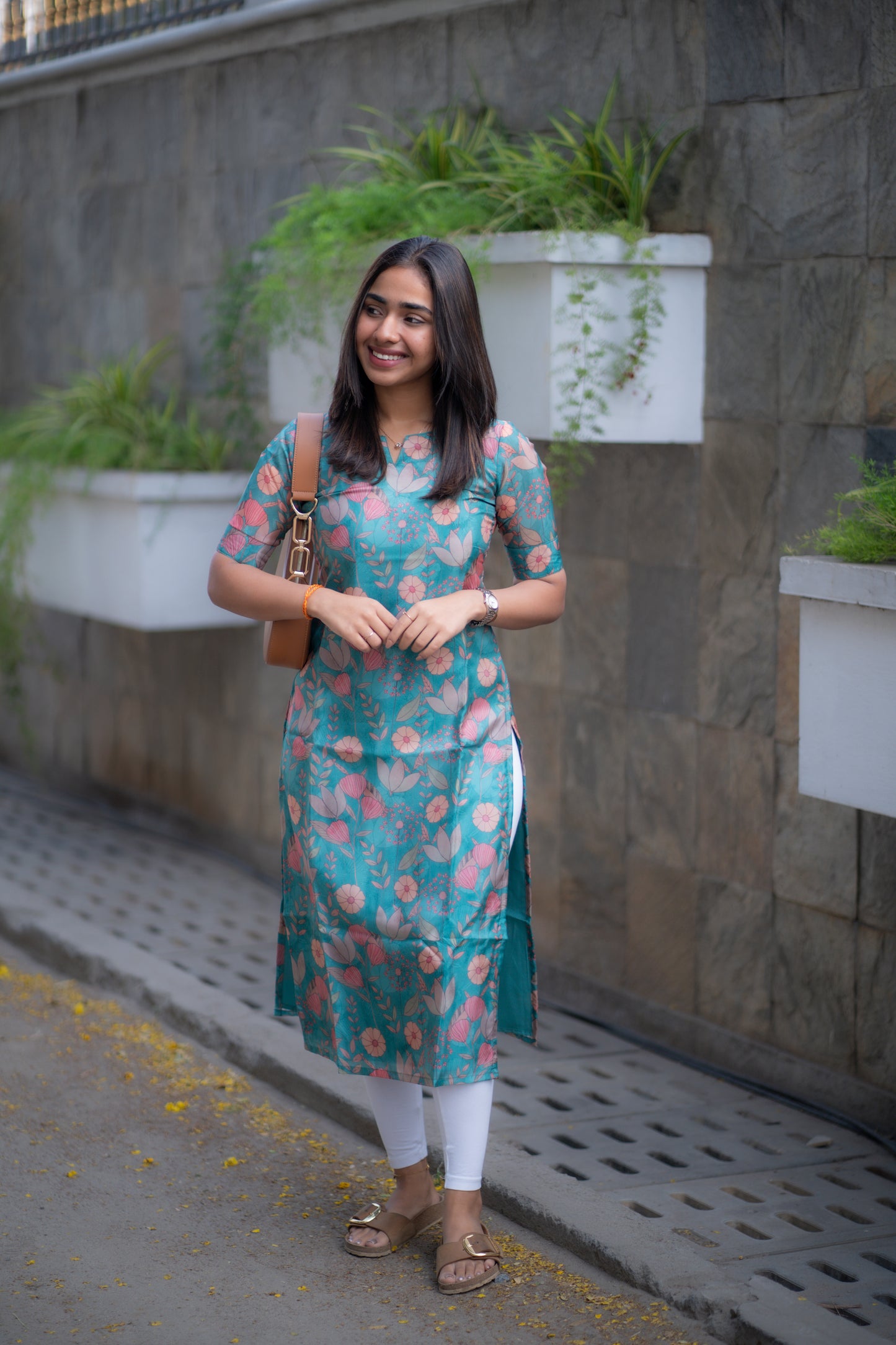 AA171 Teal Blue Glassy Organza Floral Kurti