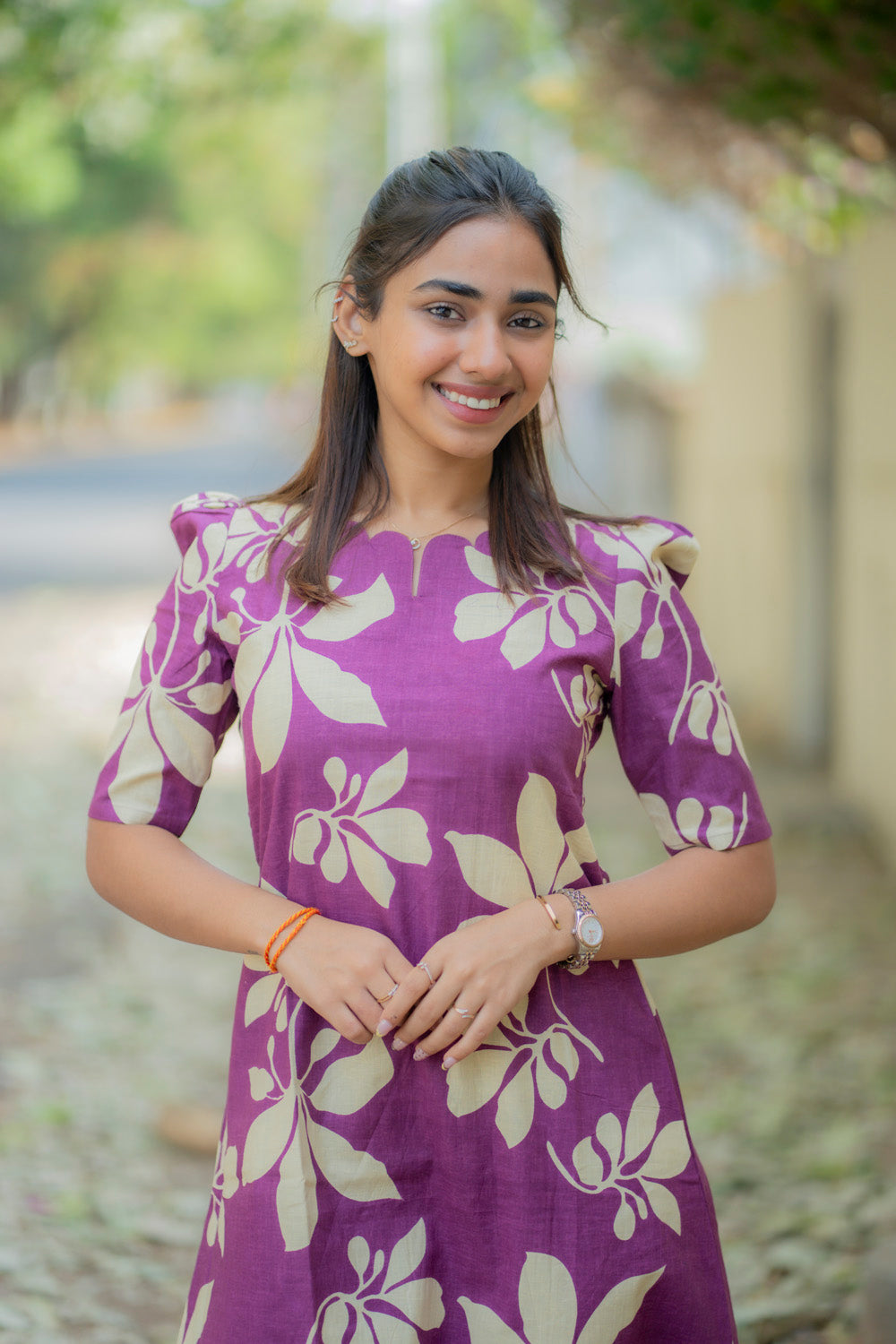 AA236 Purple Floral Cotton Aline Dress