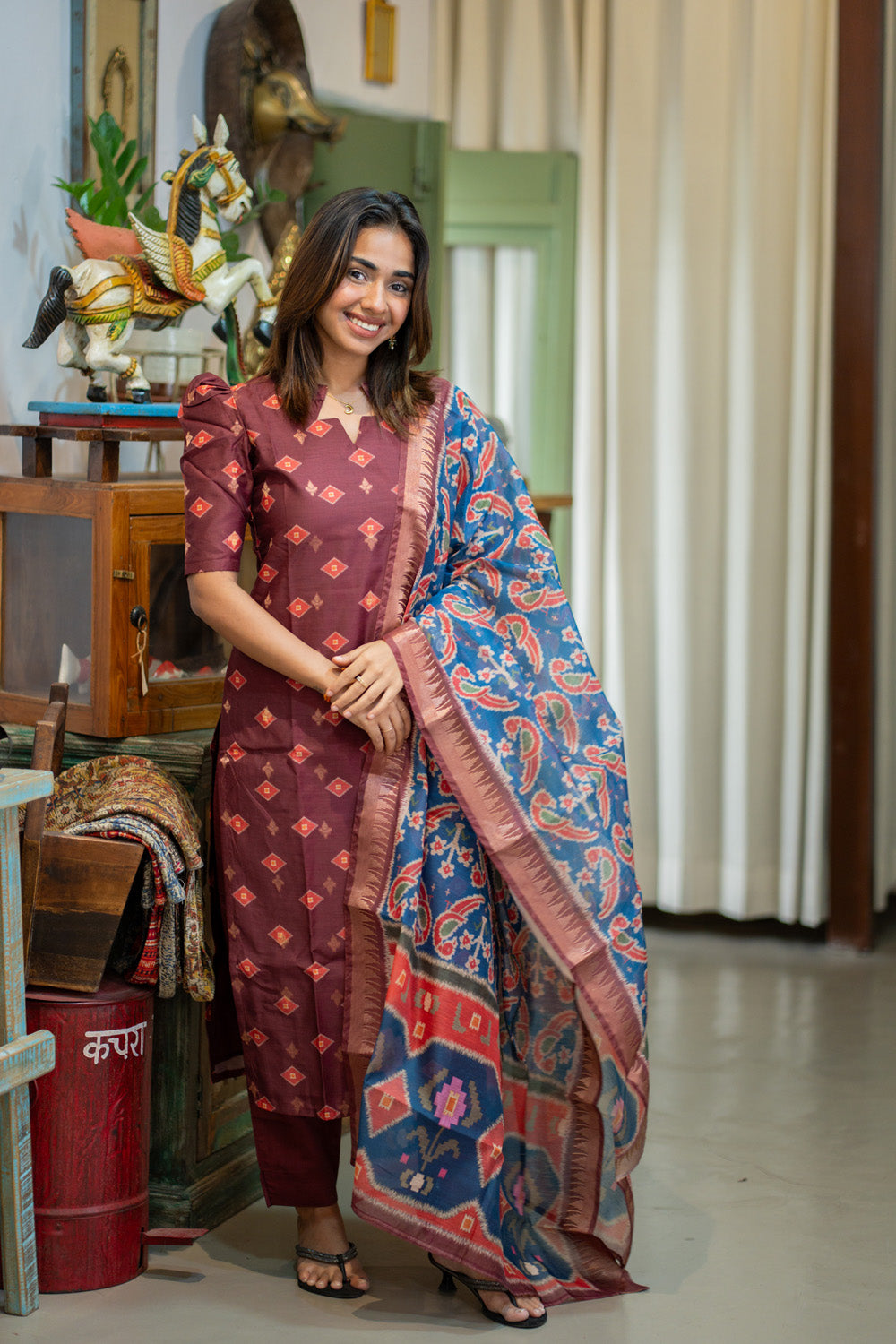 Brown with Blue combo Malai Chanderi Salwar Set with Patola Print Dupatta