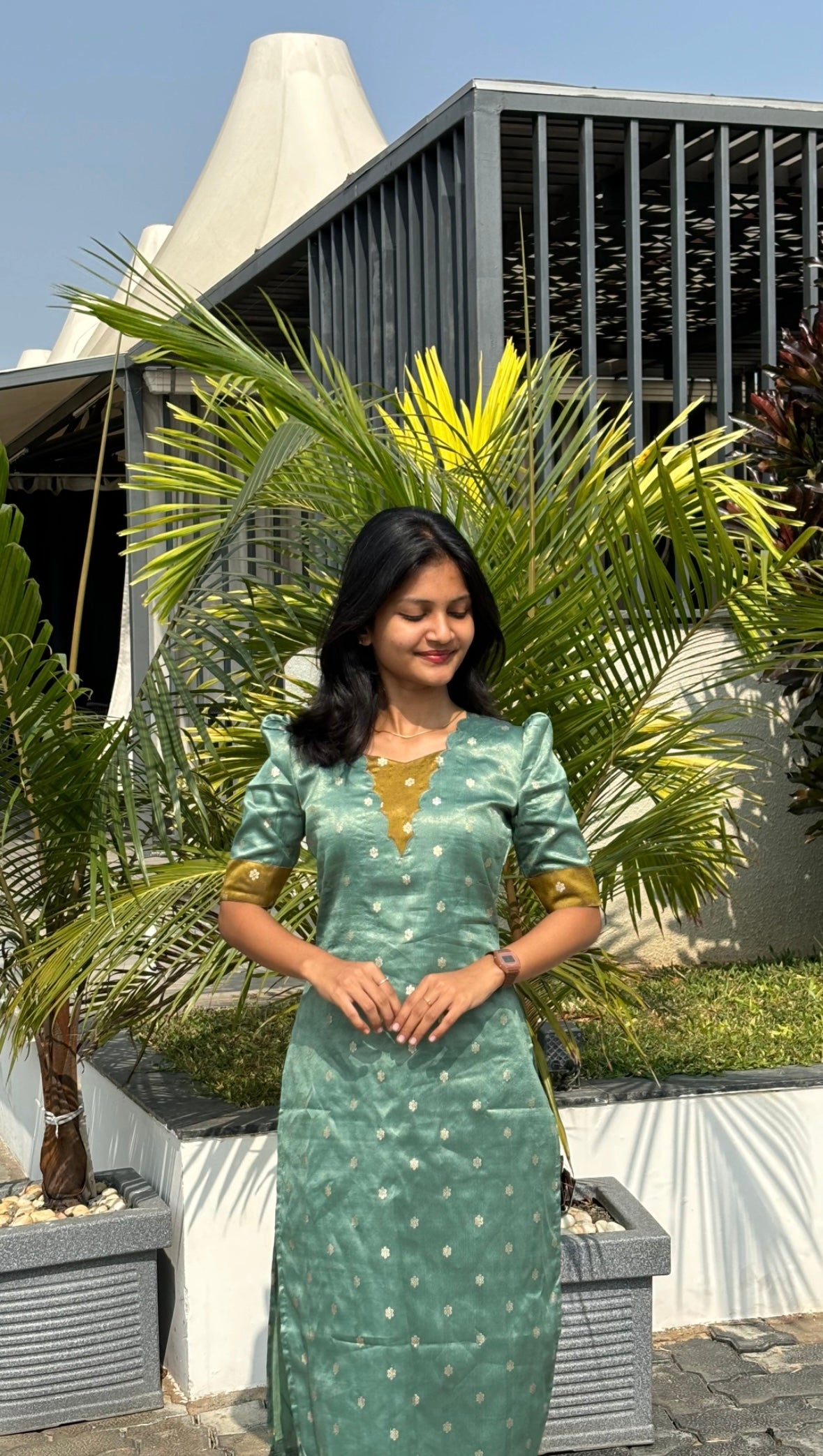 AA180 Teal Blue With Mustard Combo Shimmer Silk Kurti (warning :Don’t Iron)