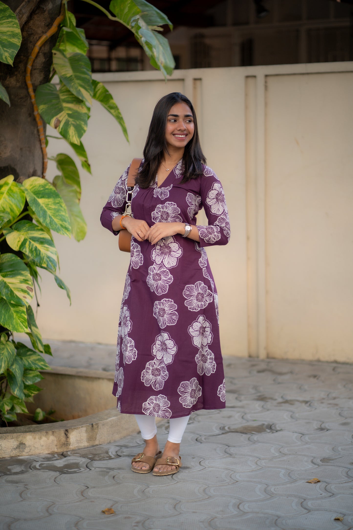 AA173 Wine Floral Cotton Aline kurti