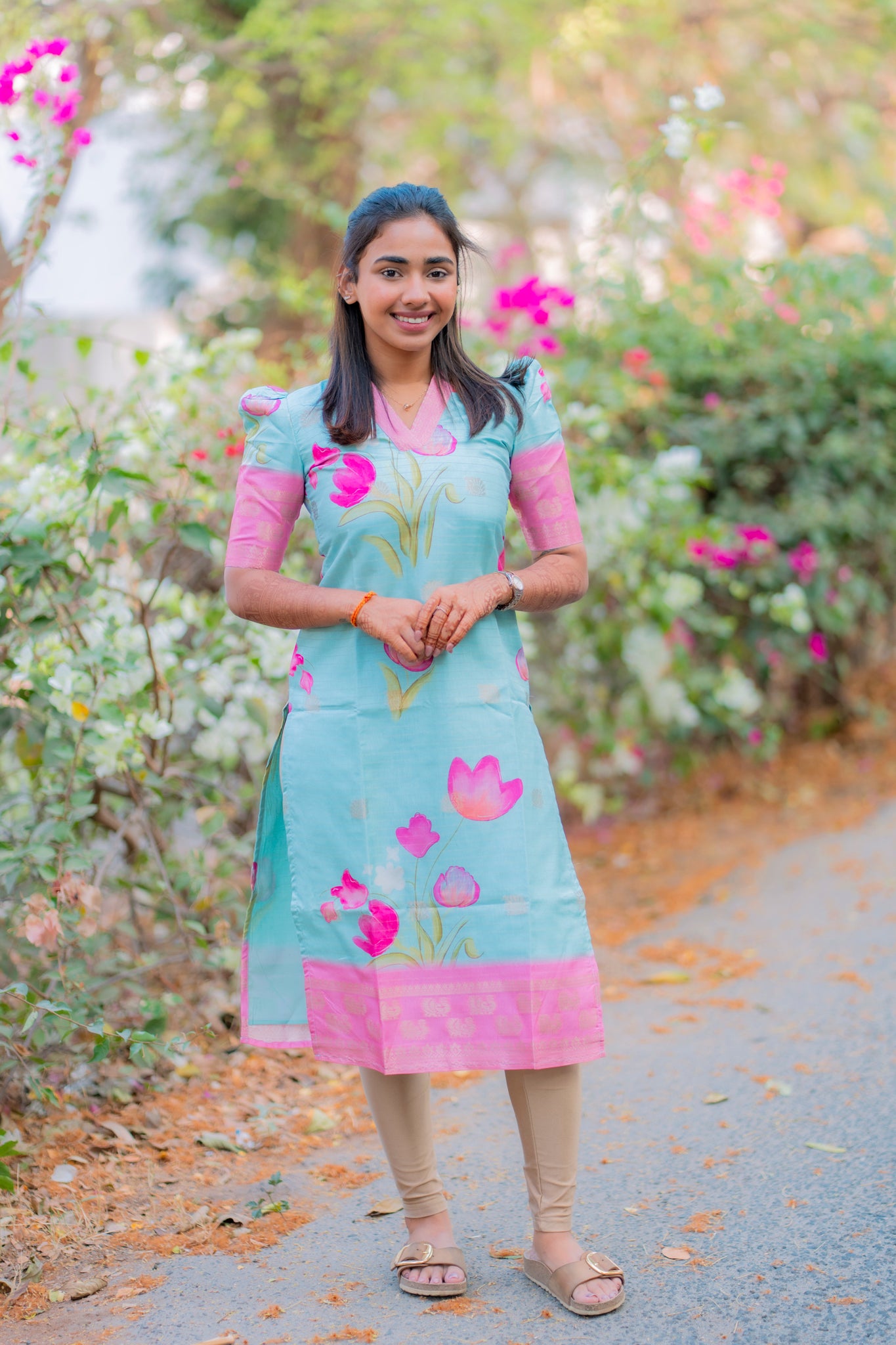 AA196 Blue with Pink Combo  Floral Checks Silk Kurti