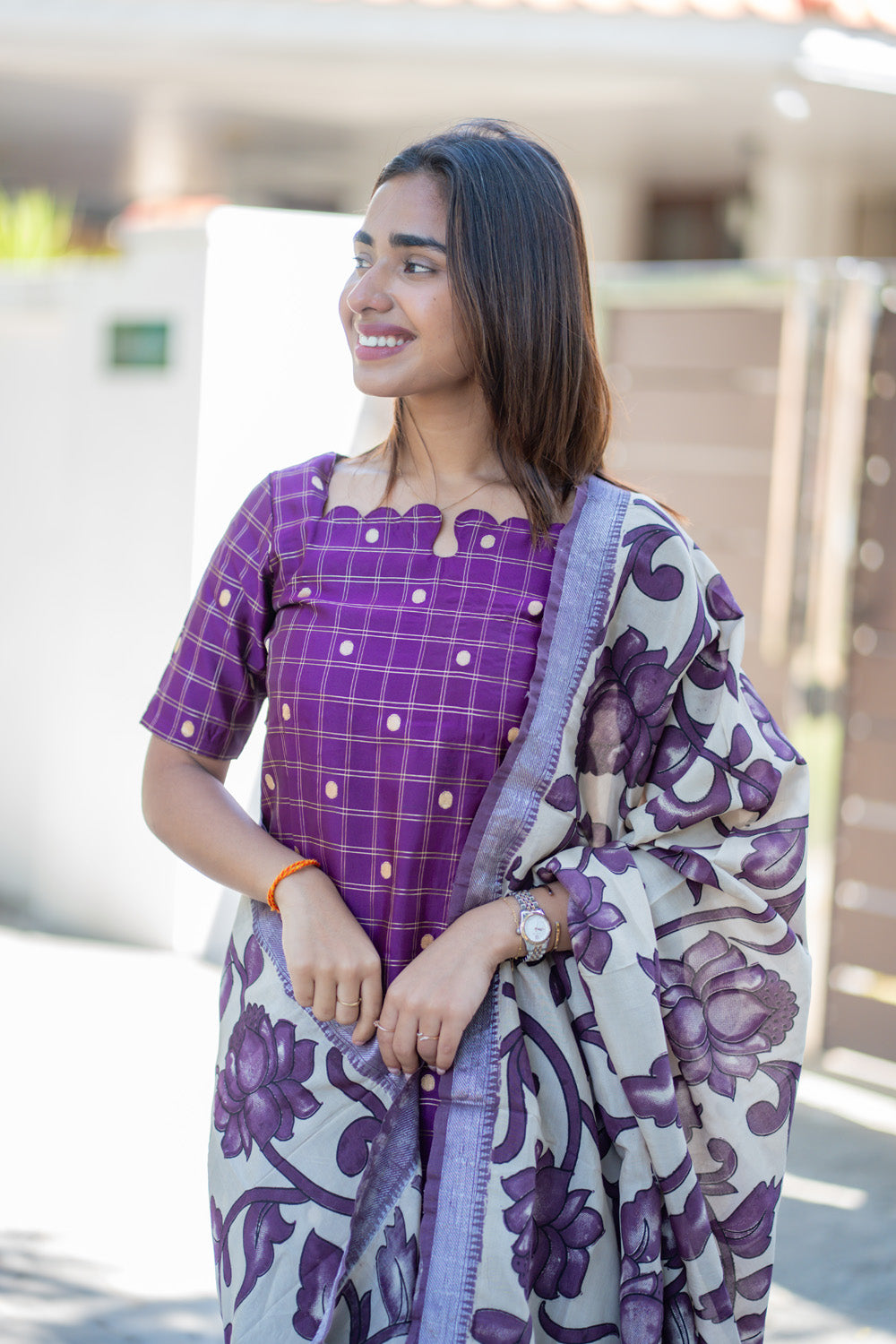 AA268 Purple Checks Raw Silk Kurti with Kalmkari Dupatta