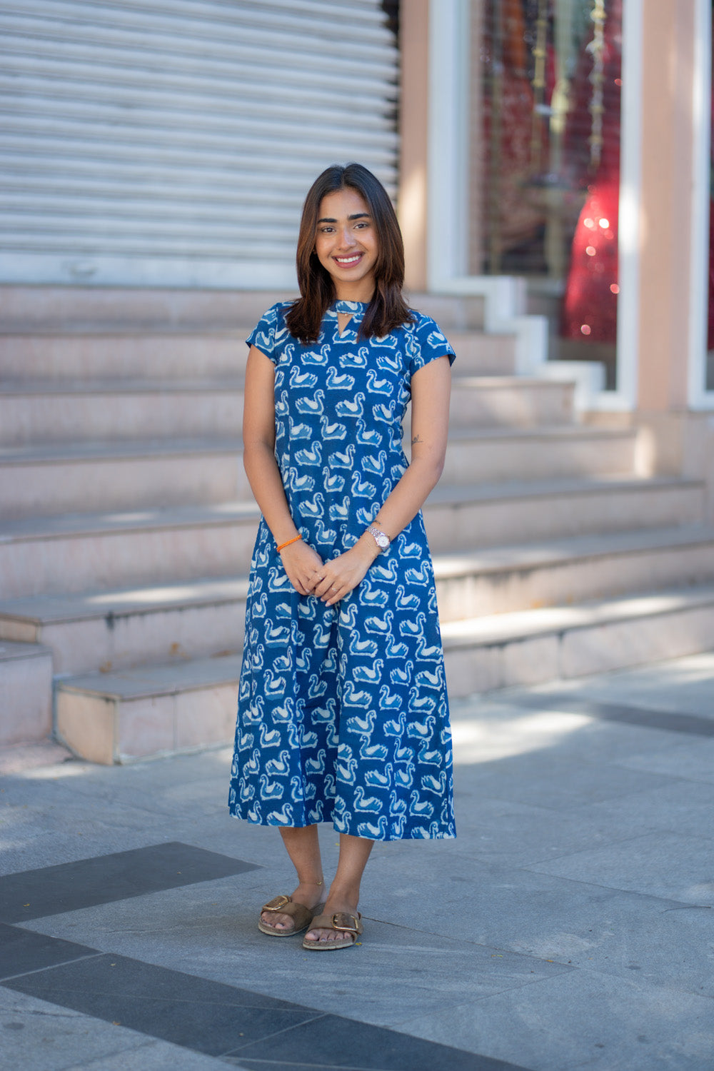 AA265 Indigo Blue Swan Print Cotton Aline Dress