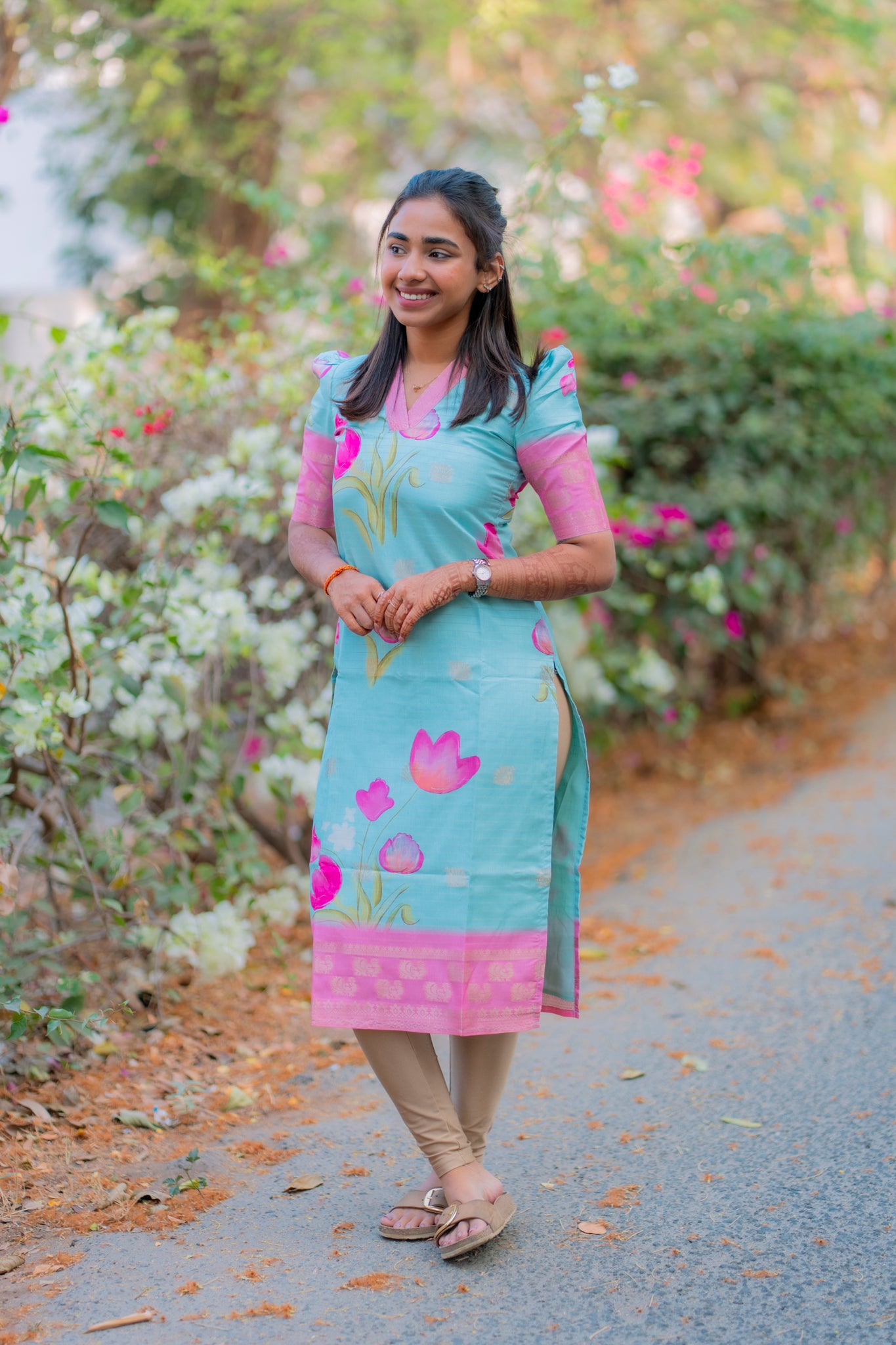 AA196 Blue with Pink Combo  Floral Checks Silk Kurti