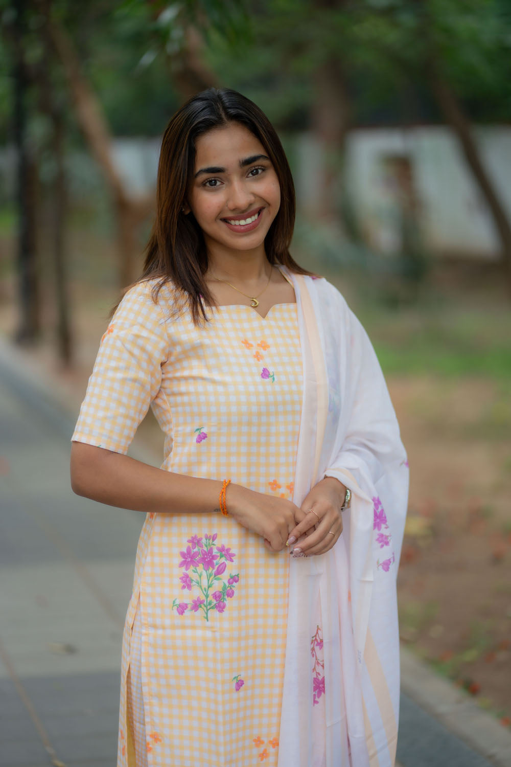 AA247 Yellow with White Checks Floral Cambric Cotton Salwar set